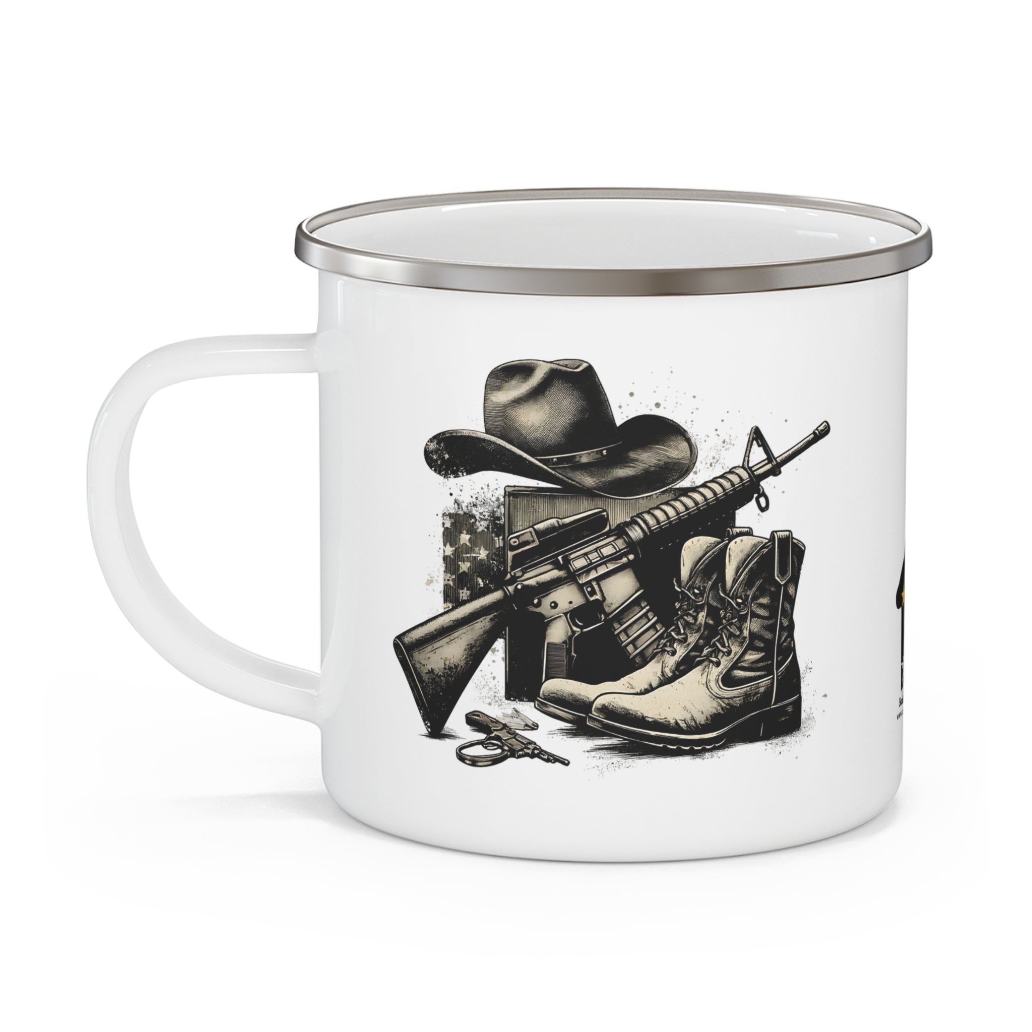 Cowboy Hat & Rifle Coffee Cup – Western Military Tribute Enamel Cup