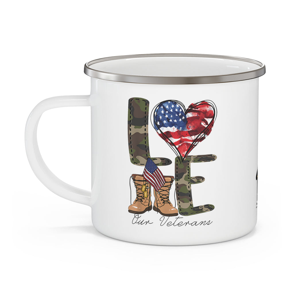 “Love Our Veterans” Enamel Mug with Camo Letters, American Flag Heart, and Combat Boots