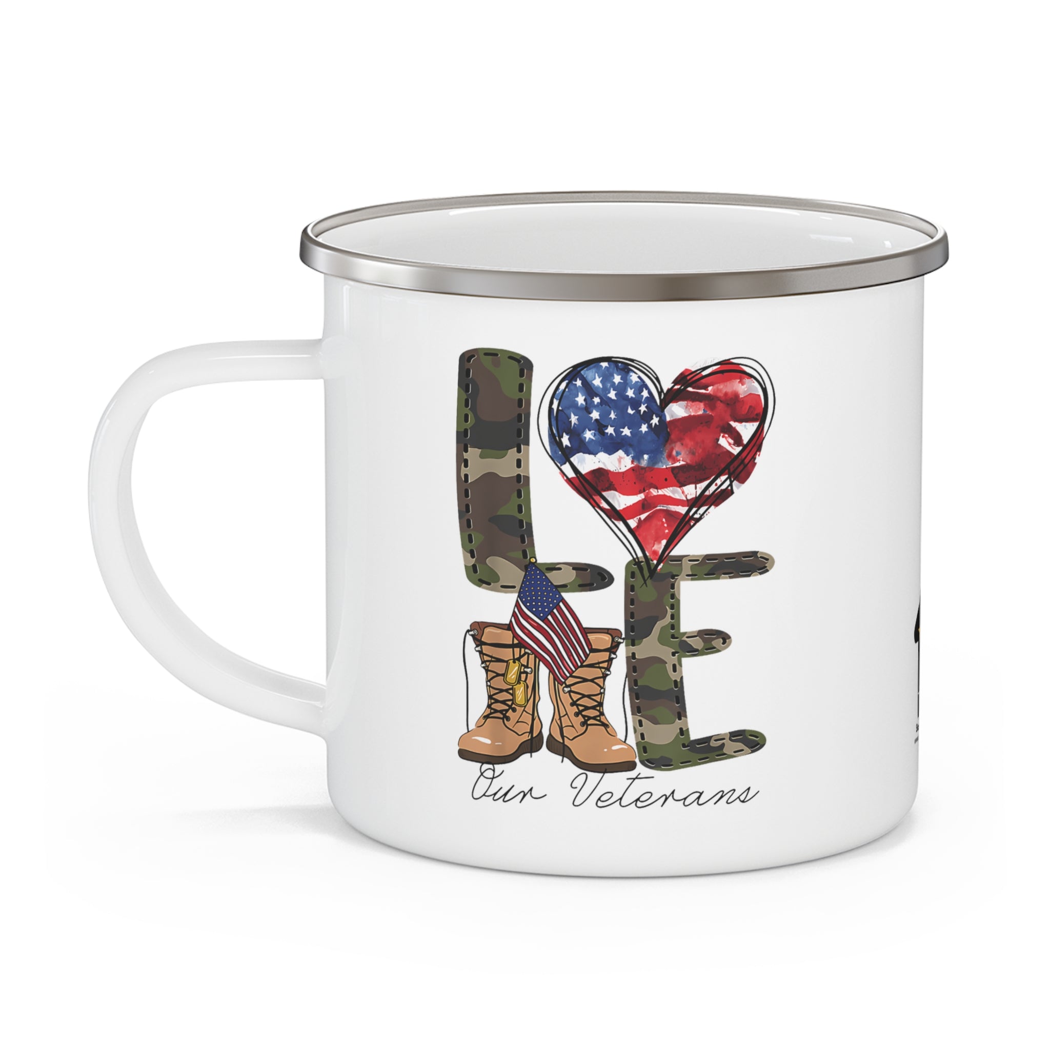 “Love Our Veterans” Enamel Mug with Camo Letters, American Flag Heart, and Combat Boots