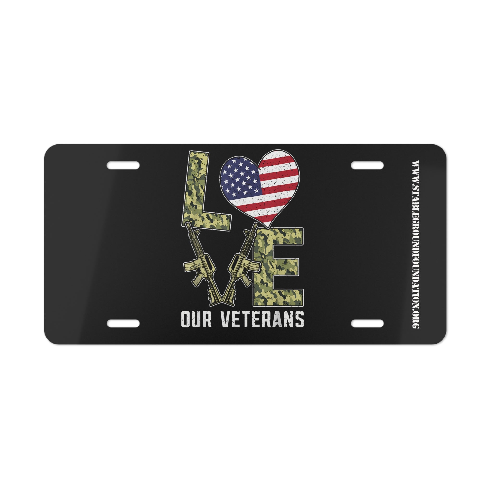 Love Our Veterans – Patriotic License Plate with Rifles and Camo Design