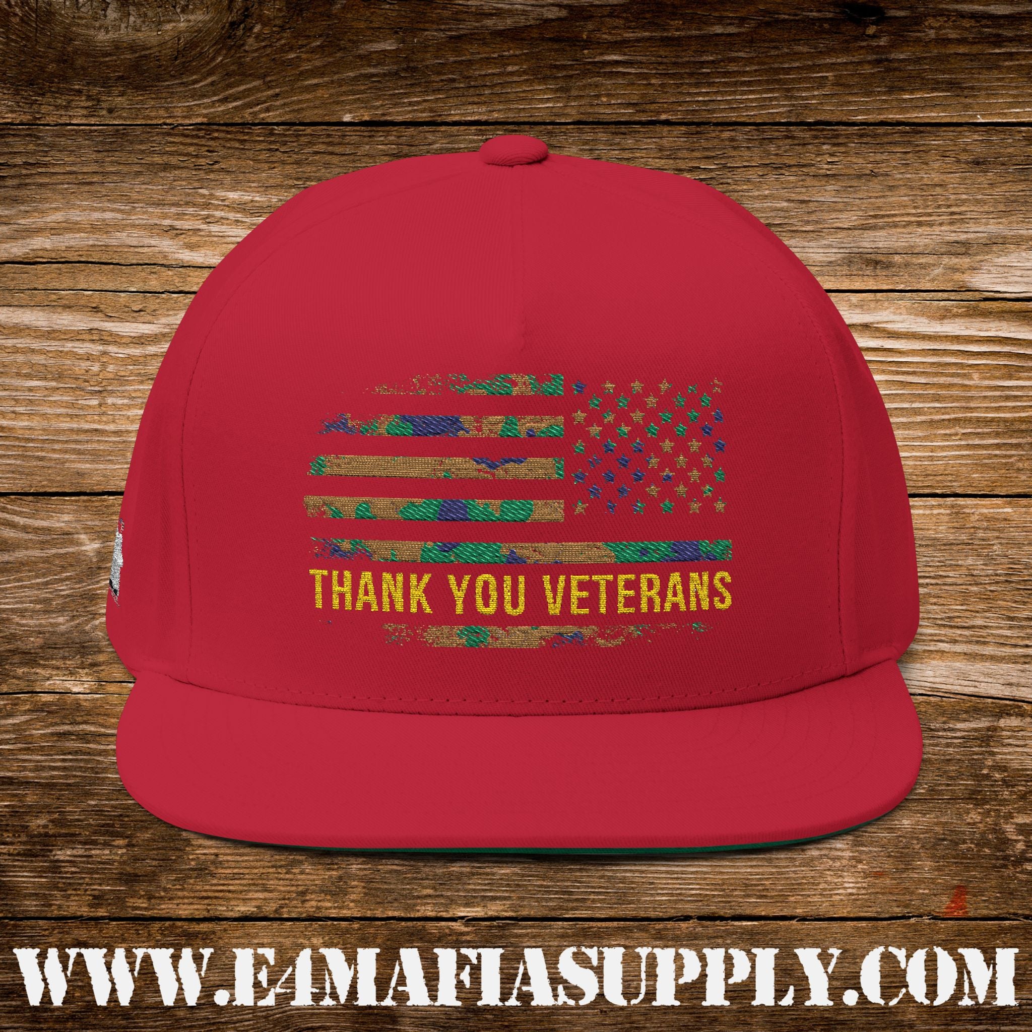 Patriotic “Thank You Veterans” Flat Bill Cap with American Flag Embroidery