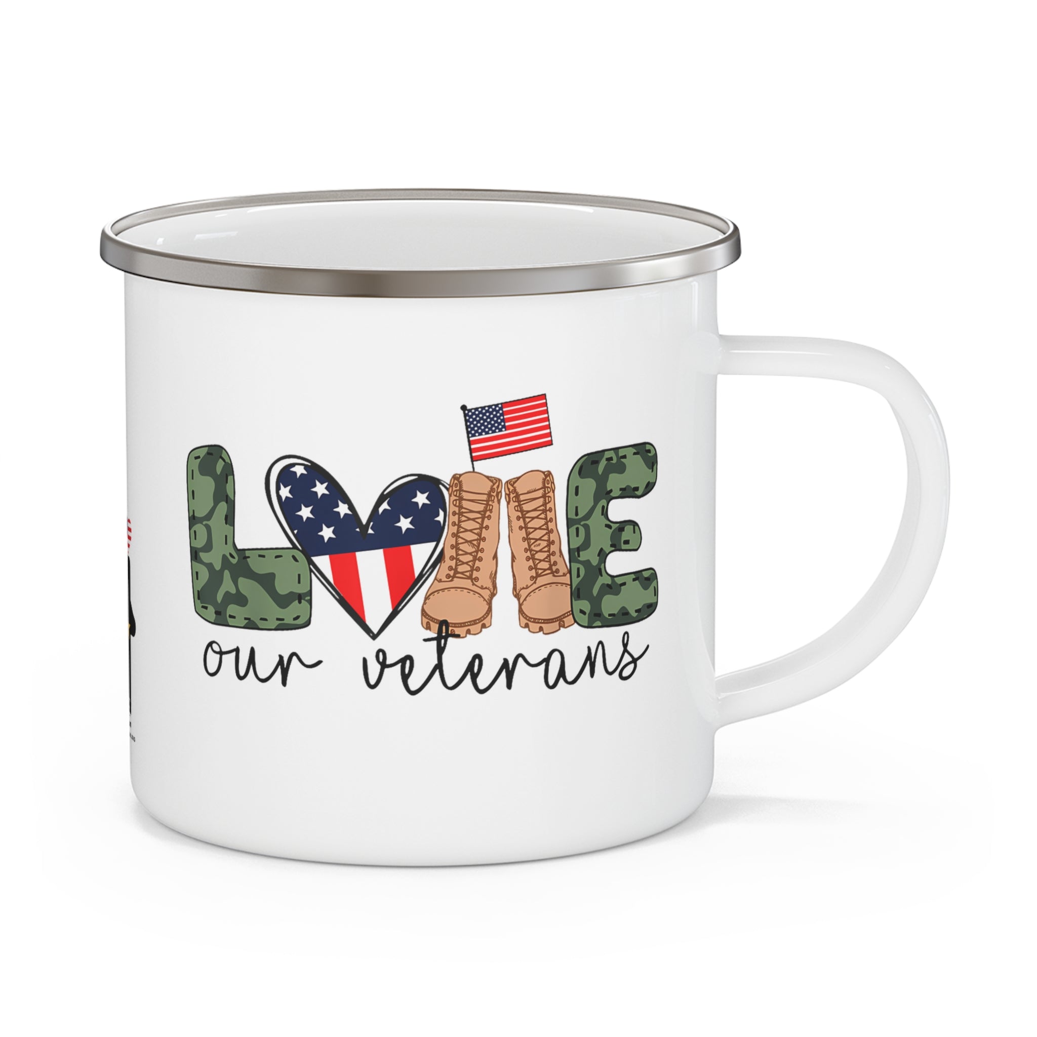 Love Our Veterans Coffee Cup – Patriotic Boots & Flag Design