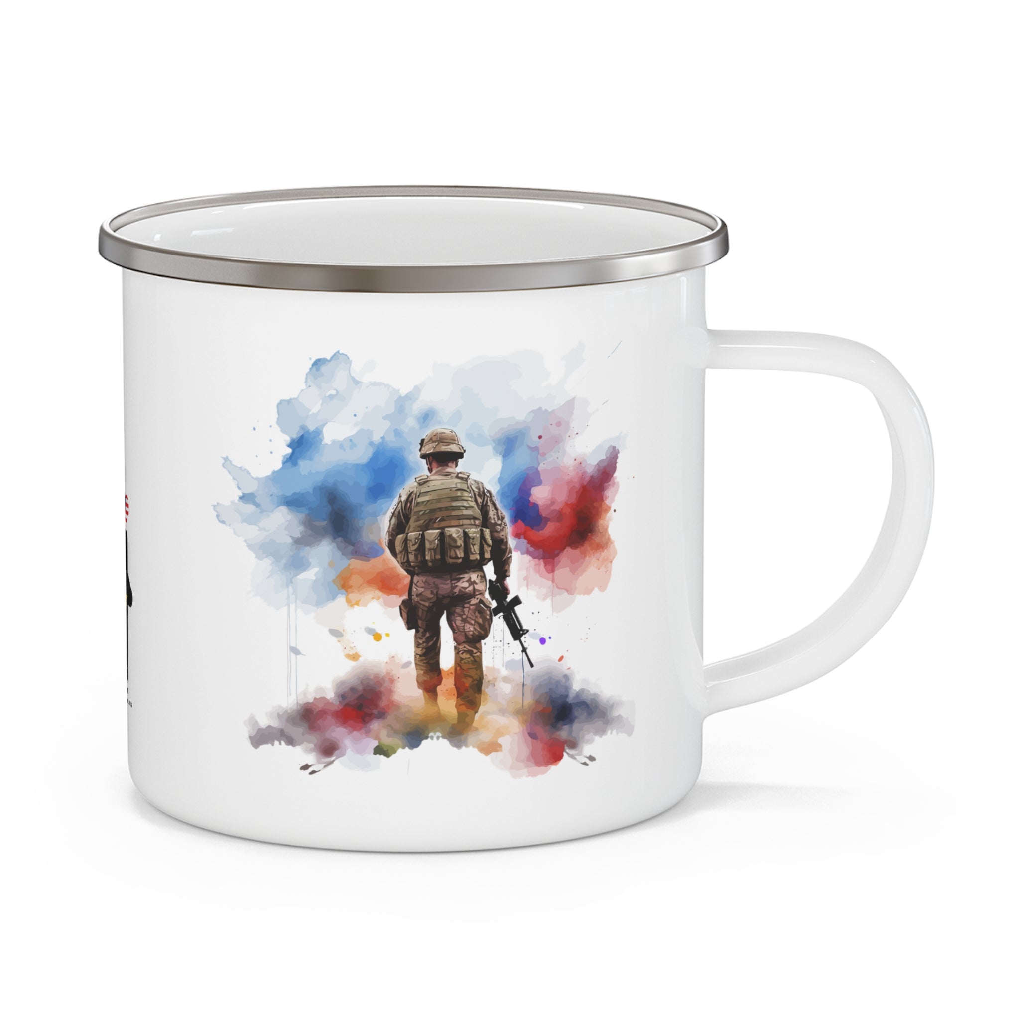 Watercolor Soldier Enamel Mug – Patriotic Military Tribute Coffee Cup