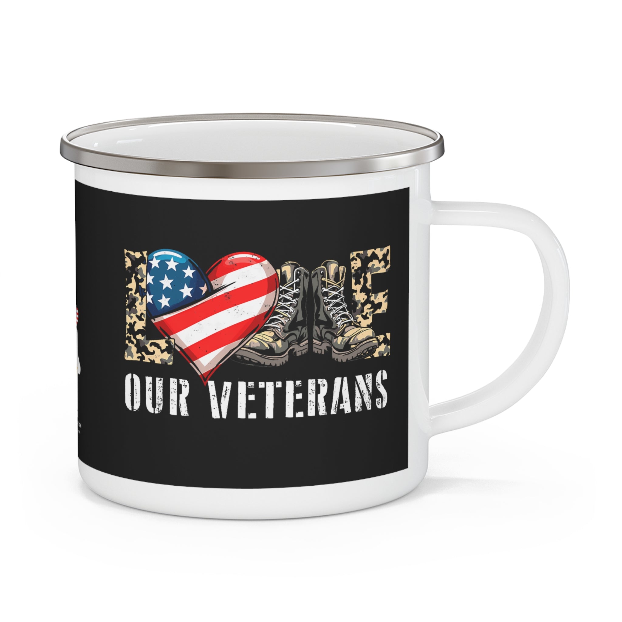“Love Our Veterans” Enamel Mug with American Flag Heart and Combat Boots