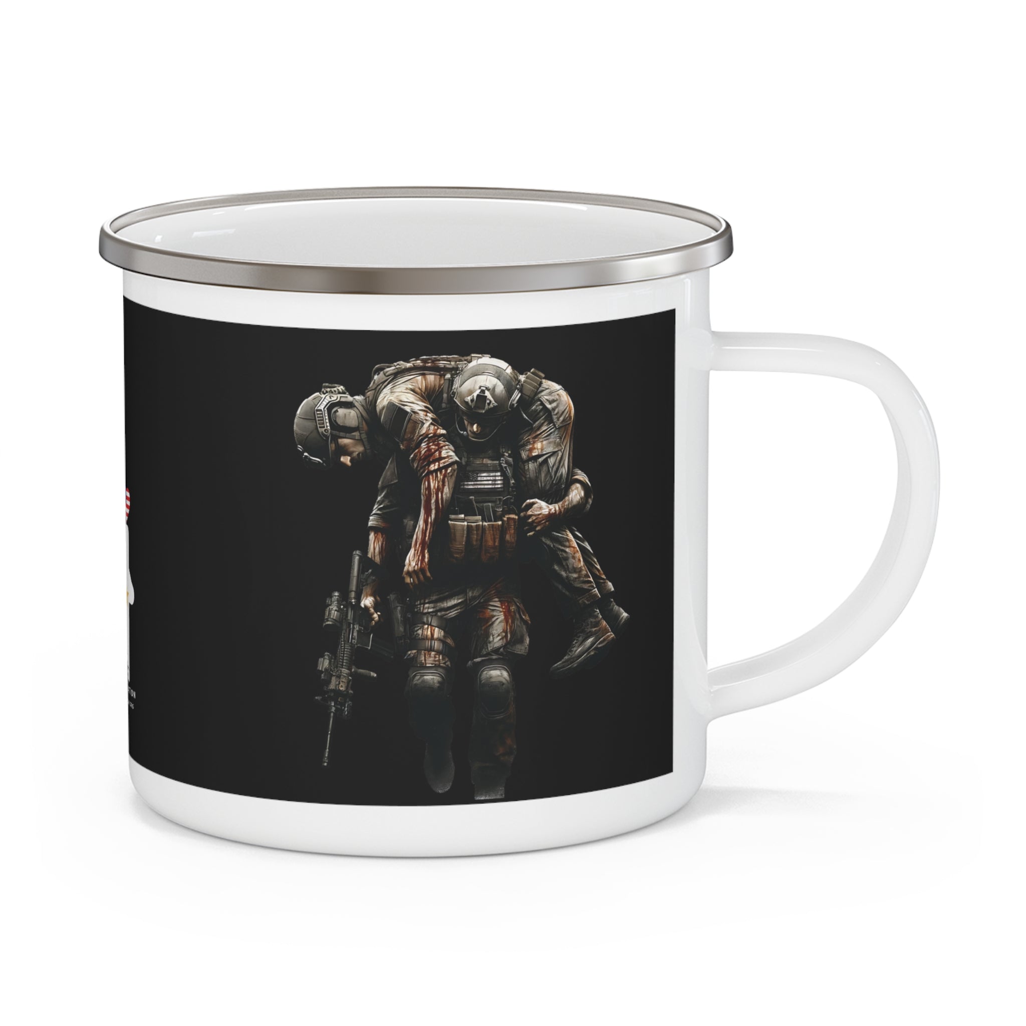 Fallen Brother Coffee Cup – Soldier Carrying Soldier Tribute Enamel Mug