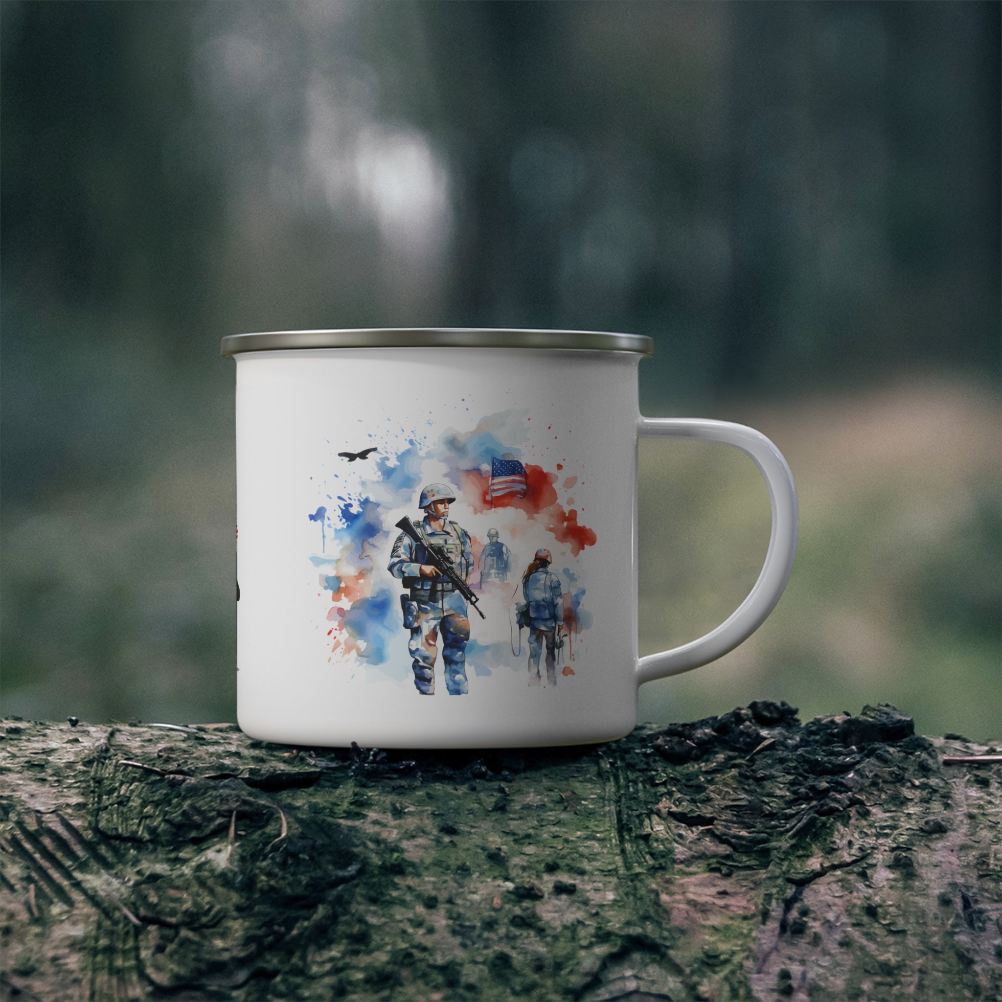 White Watercolor Soldiers Coffee Cup – Patriotic Memorial Tribute Enamel Cup