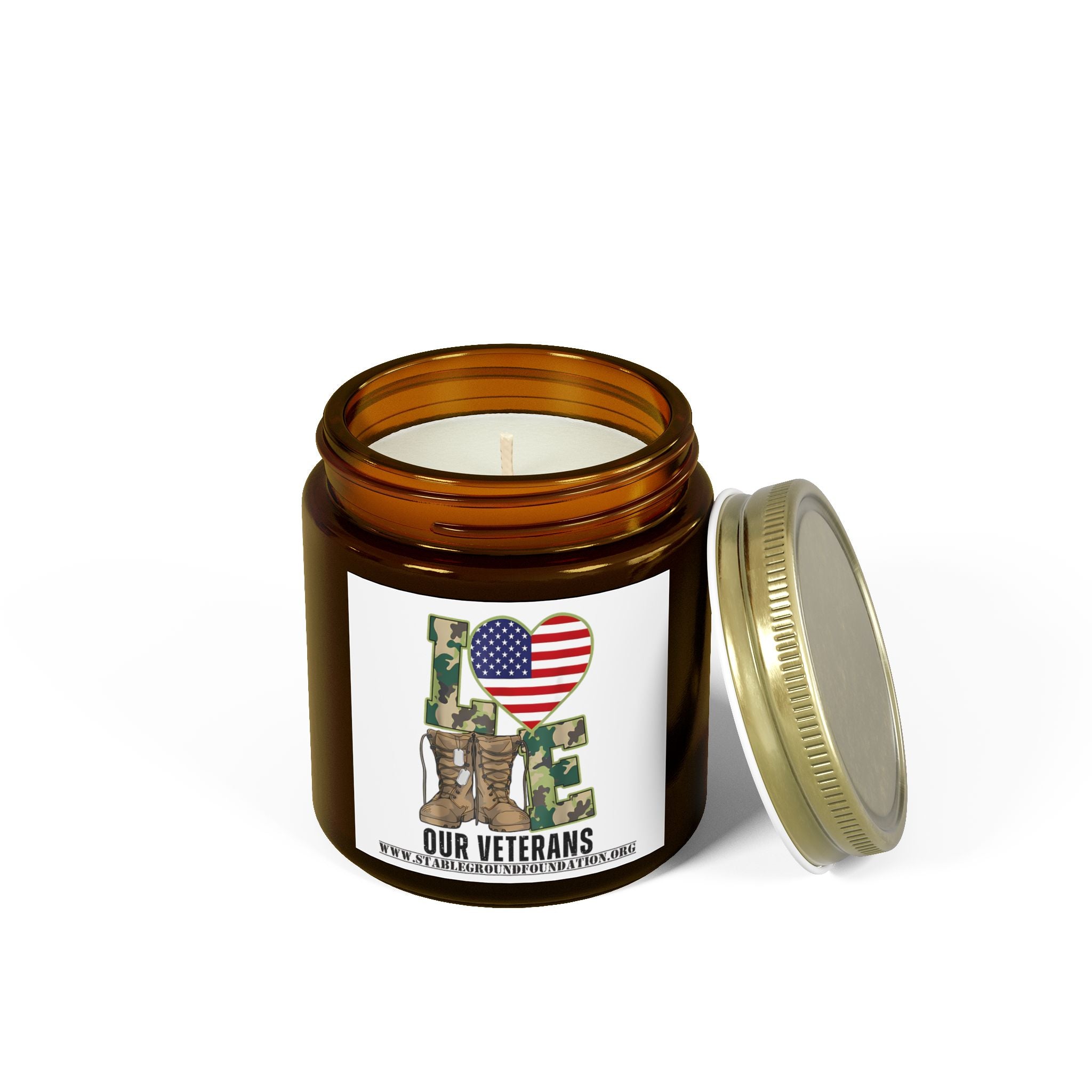 Love Our Veterans Candle – Camo Boots Patriotic Candle Supporting Veterans