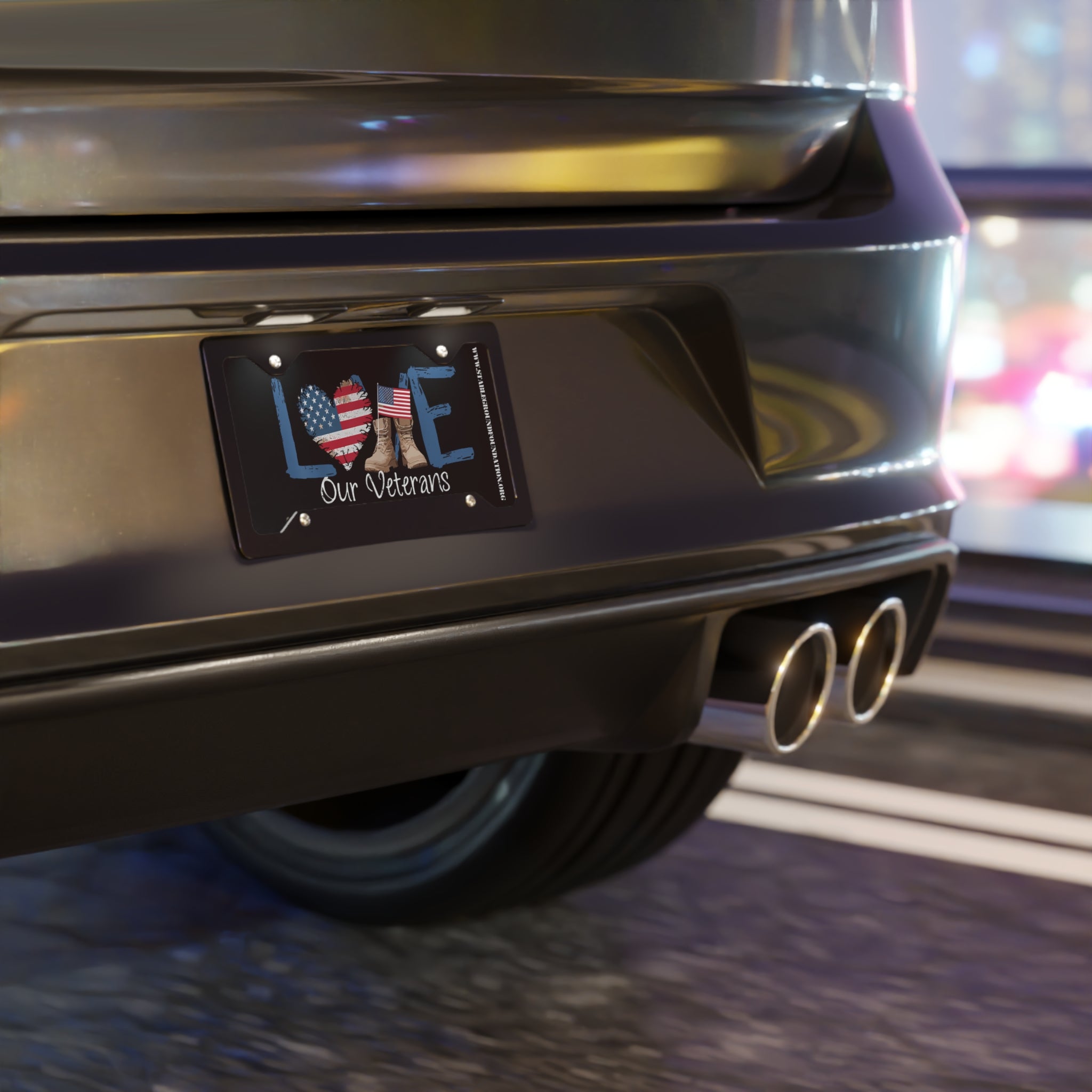 Love Our Veterans – Patriotic License Plate with Blue Letters and Boots