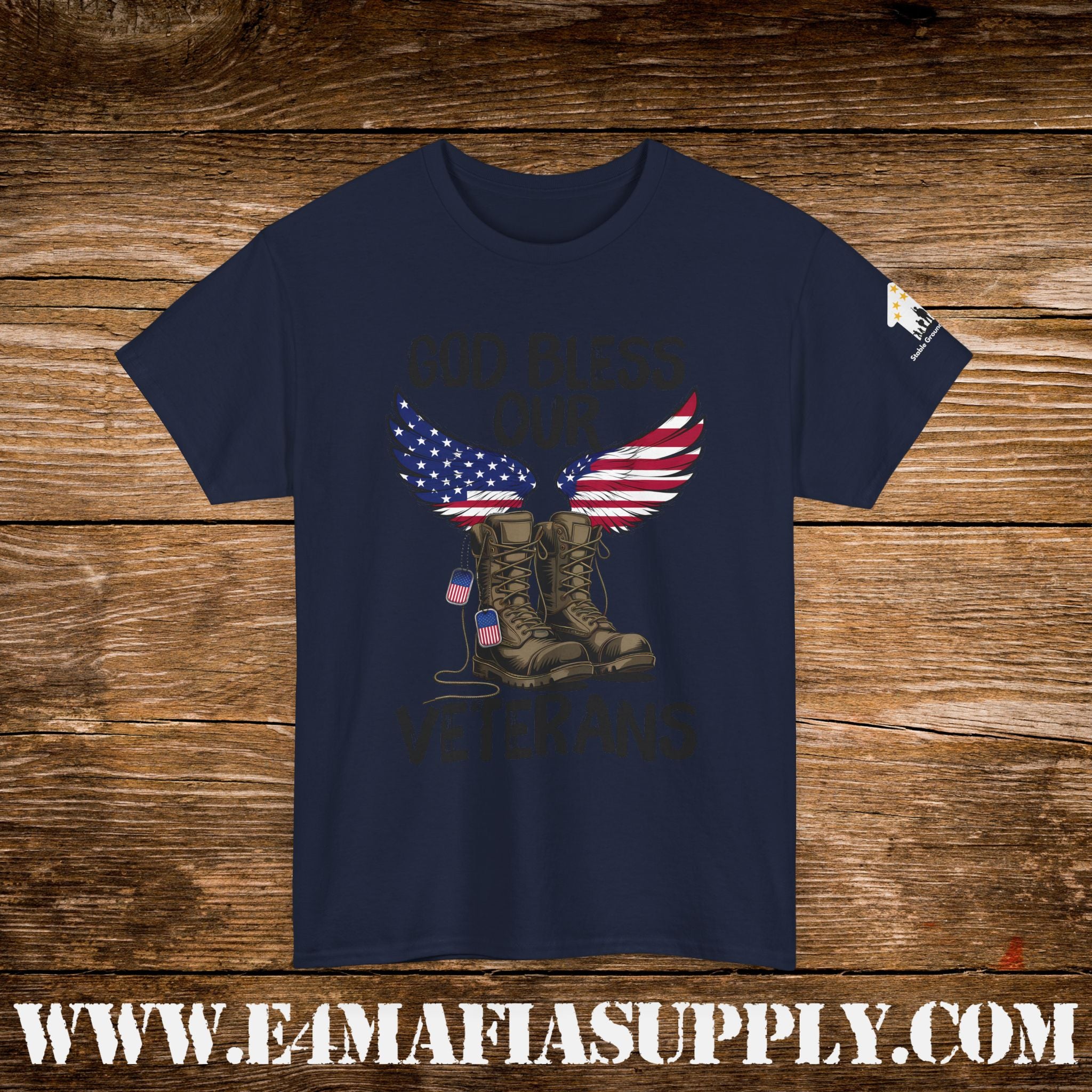 “God Bless Our Veterans” – Patriotic American Flag Boots & Wings T-Shirt