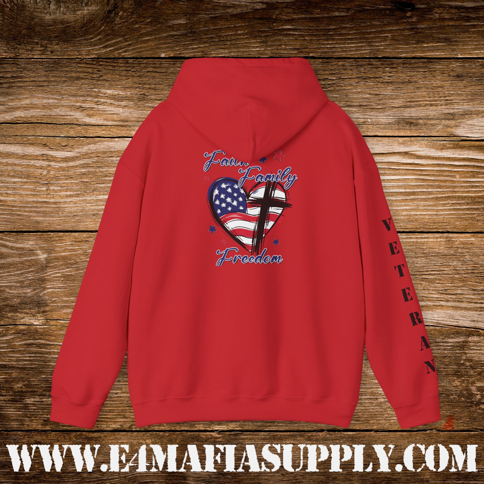 “Faith Family Freedom” American Flag Heart Patriotic Veteran Hoodie