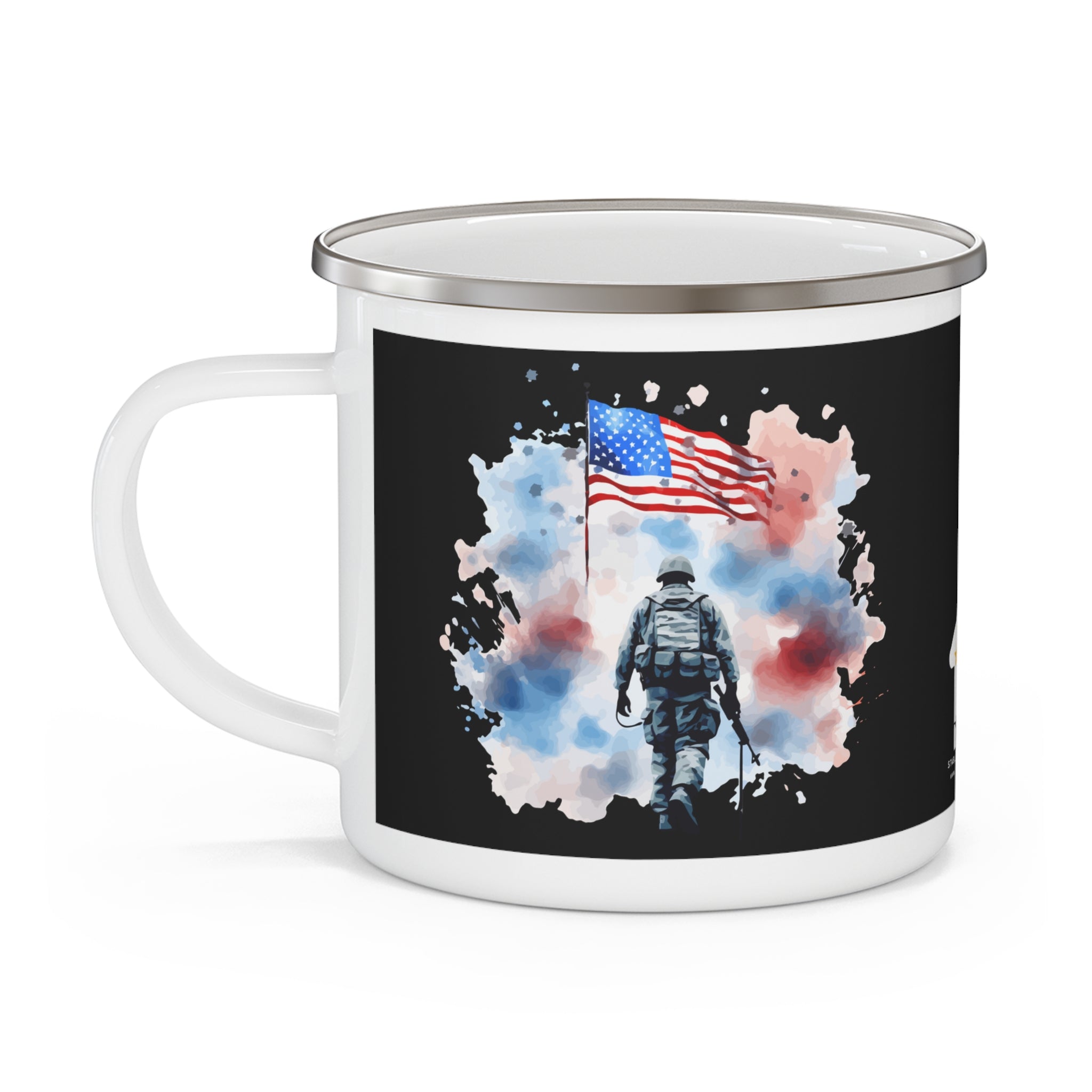 Fallen Hero Tribute Coffee Cup – Watercolor Soldier & Flag Enamel Cup