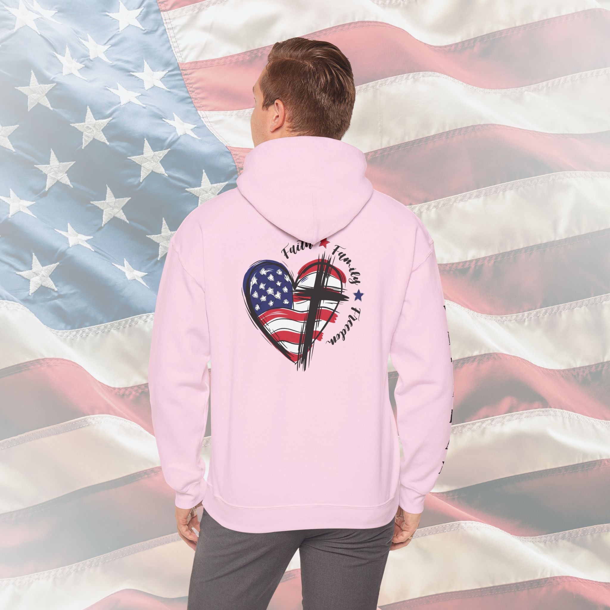 “Faith Family Freedom” Patriotic Cross and Flag Veteran Hoodie