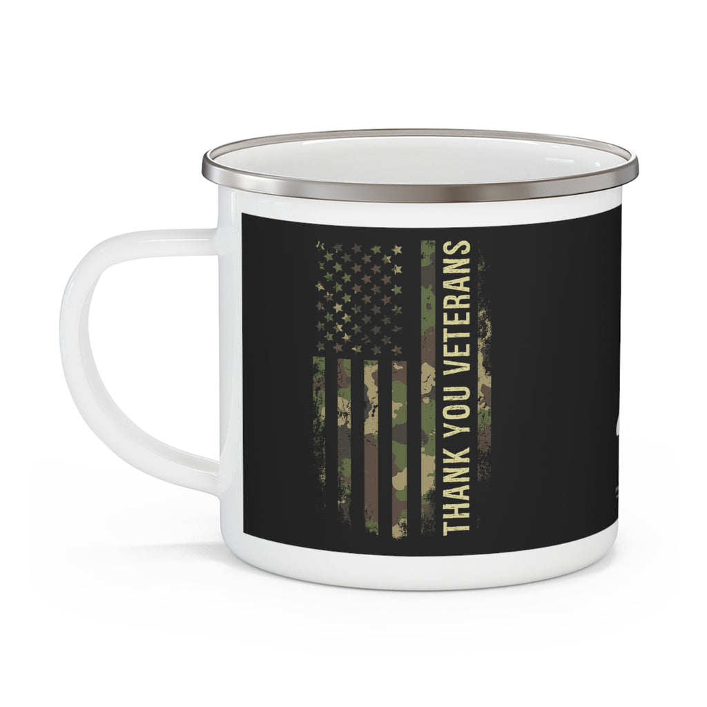 Thank You Veterans Enamel Mug – Camo American Flag Military Appreciation Coffee Cup