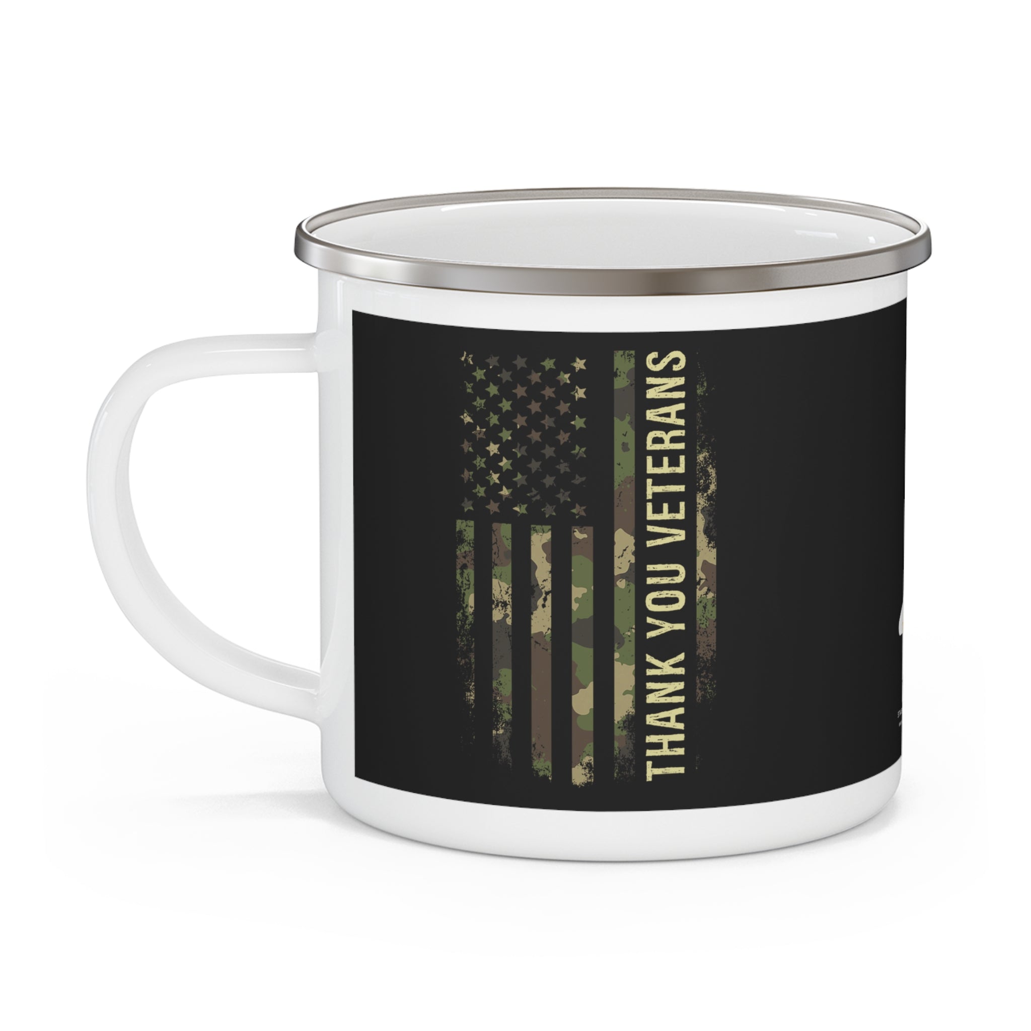 Thank You Veterans Enamel Mug – Camo American Flag Military Appreciation Coffee Cup