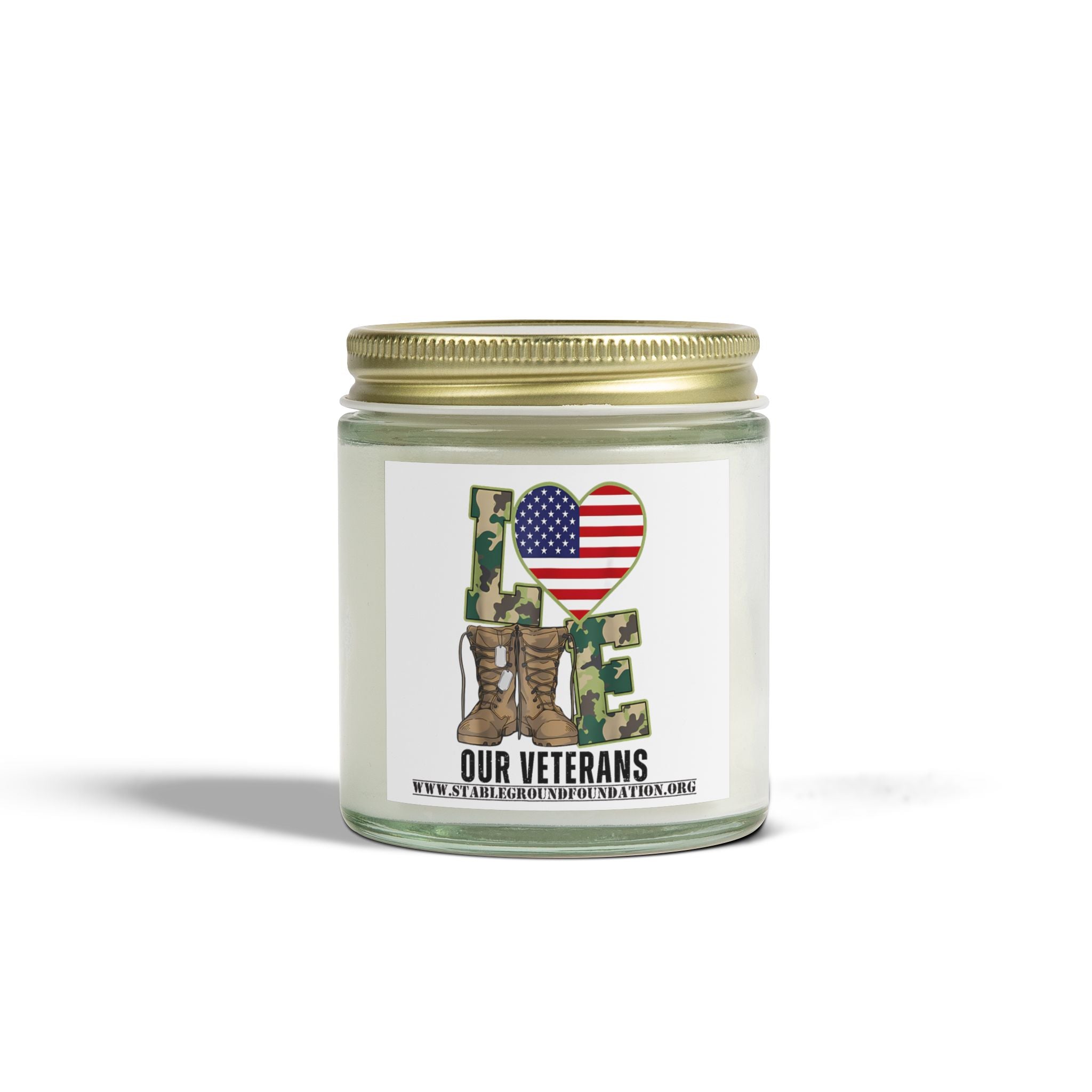Love Our Veterans Candle – Camo Boots Patriotic Candle Supporting Veterans