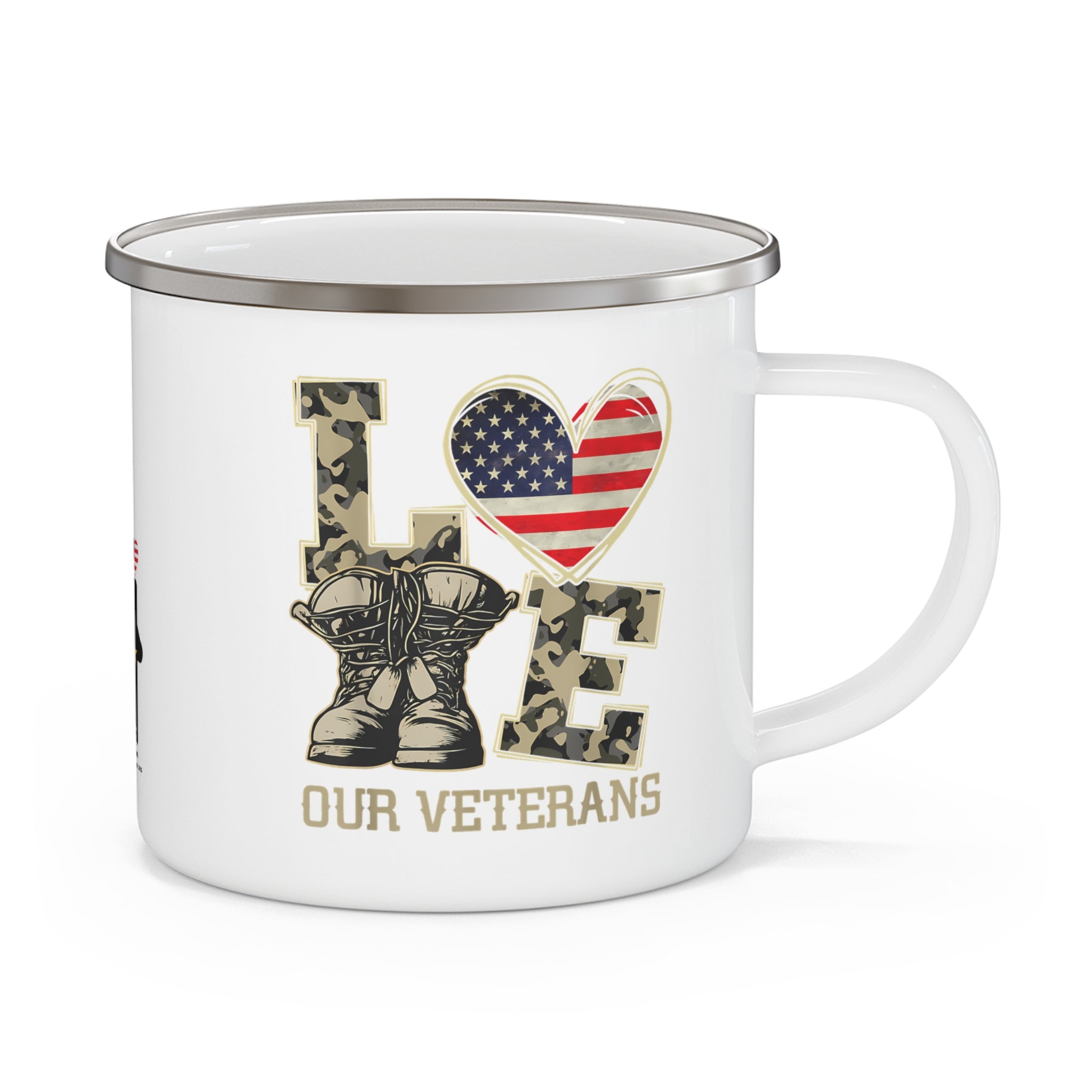 Love Our Veterans Coffee Cup – Camo Boots & American Pride