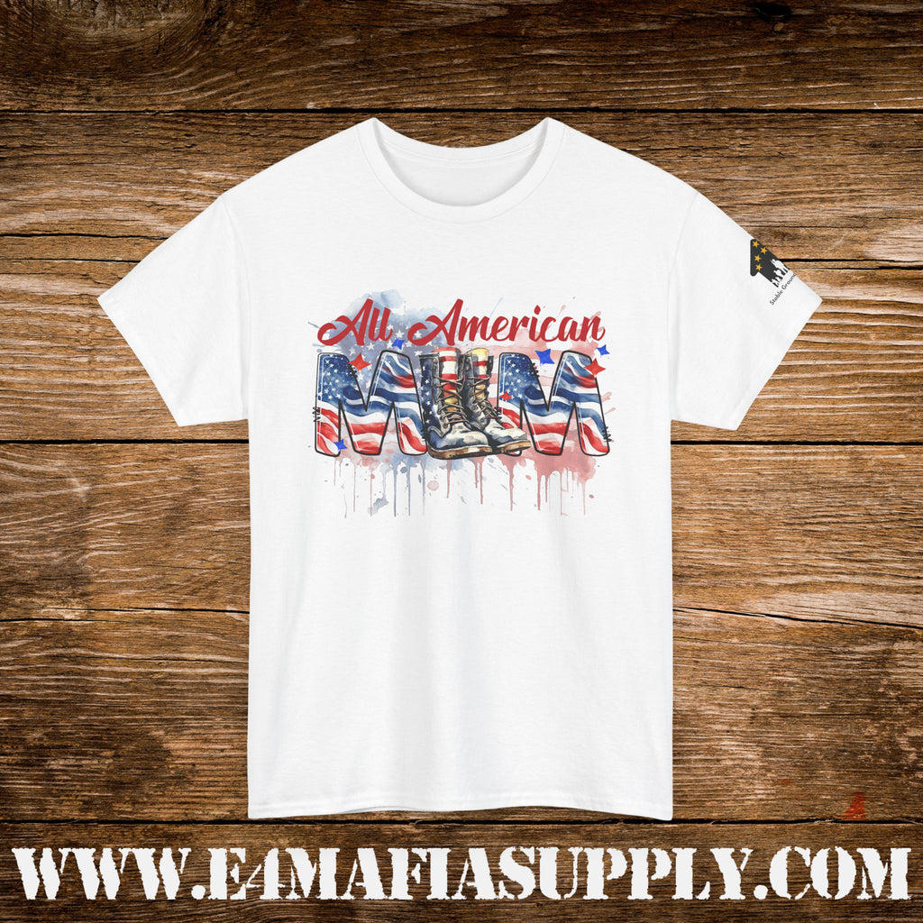 “All American Mom” – Patriotic Flag & Combat Boots T-Shirt