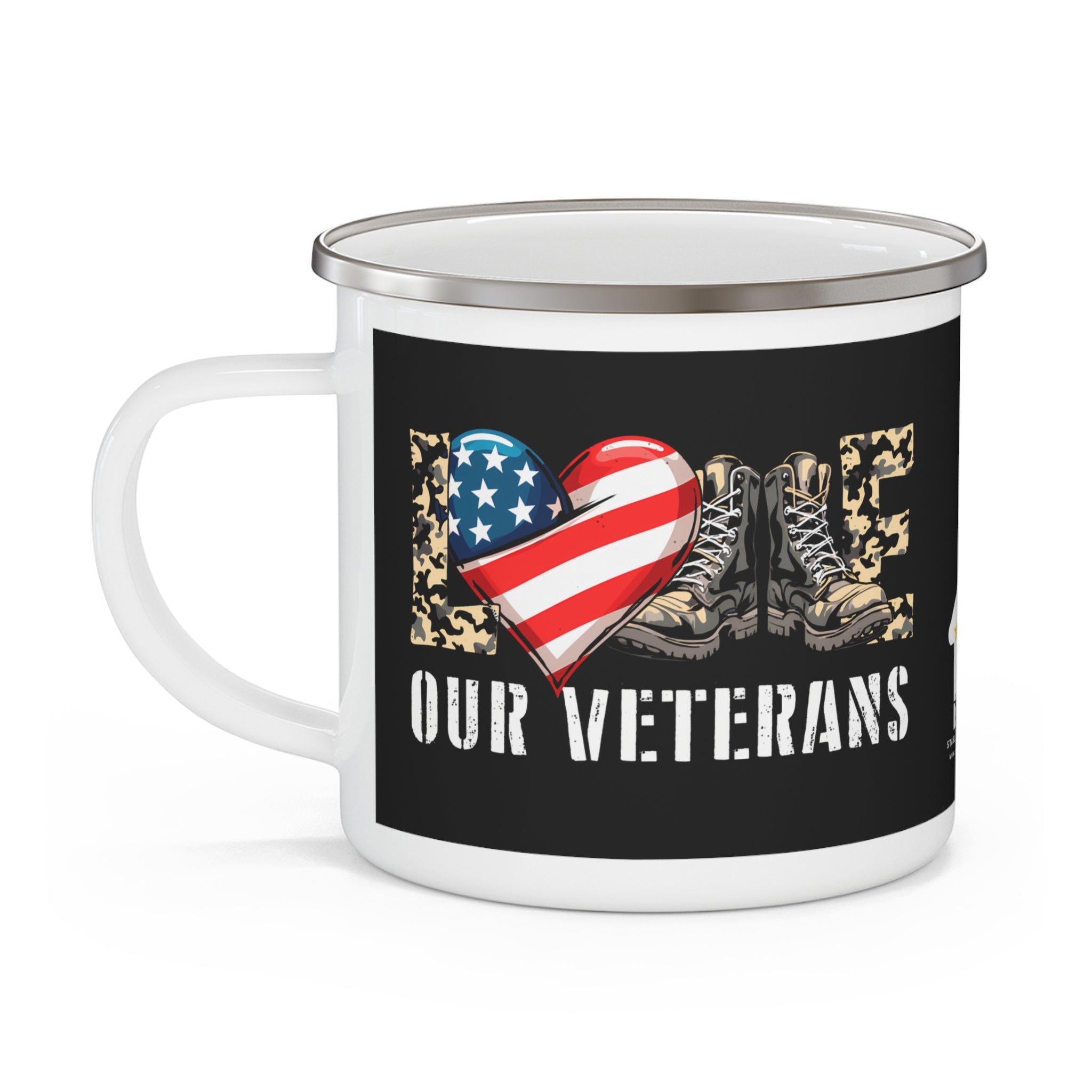 “Love Our Veterans” Enamel Mug with American Flag Heart and Combat Boots Design