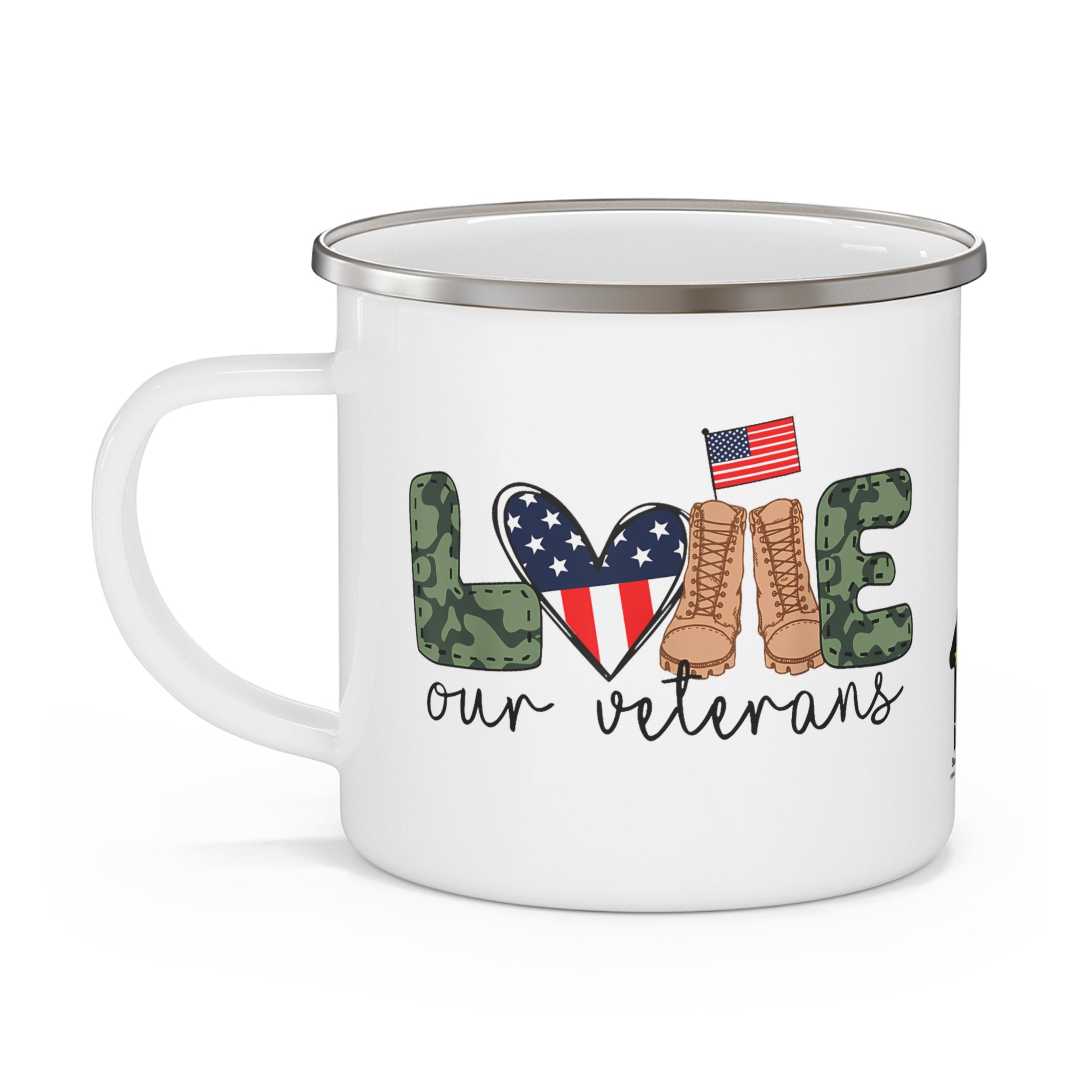 Love Our Veterans Coffee Cup – Patriotic Boots & Flag Design