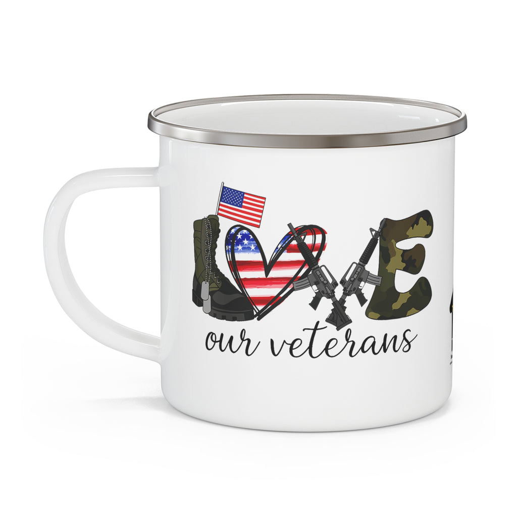 “Love Our Veterans” Enamel Mug with American Flag Heart, Rifle, and Camo Lettering