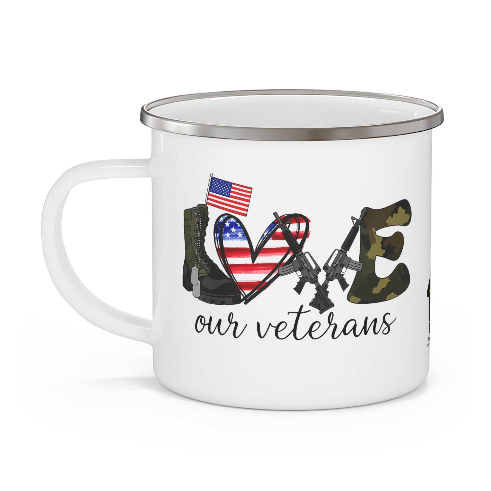 “Love Our Veterans” Enamel Mug with American Flag Heart, Rifle, and Camo Lettering