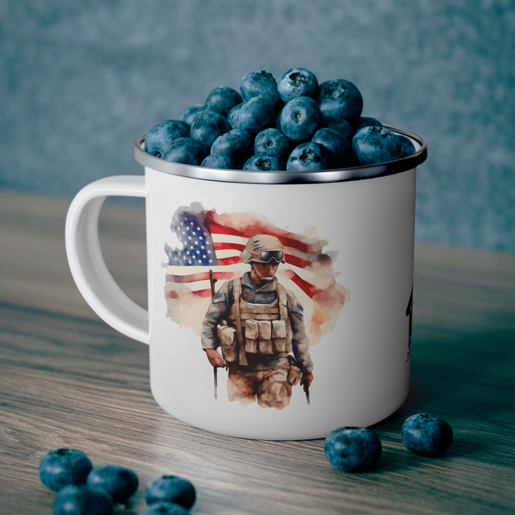 White Soldier & Flag Coffee Cup – Patriotic Warrior Enamel Cup