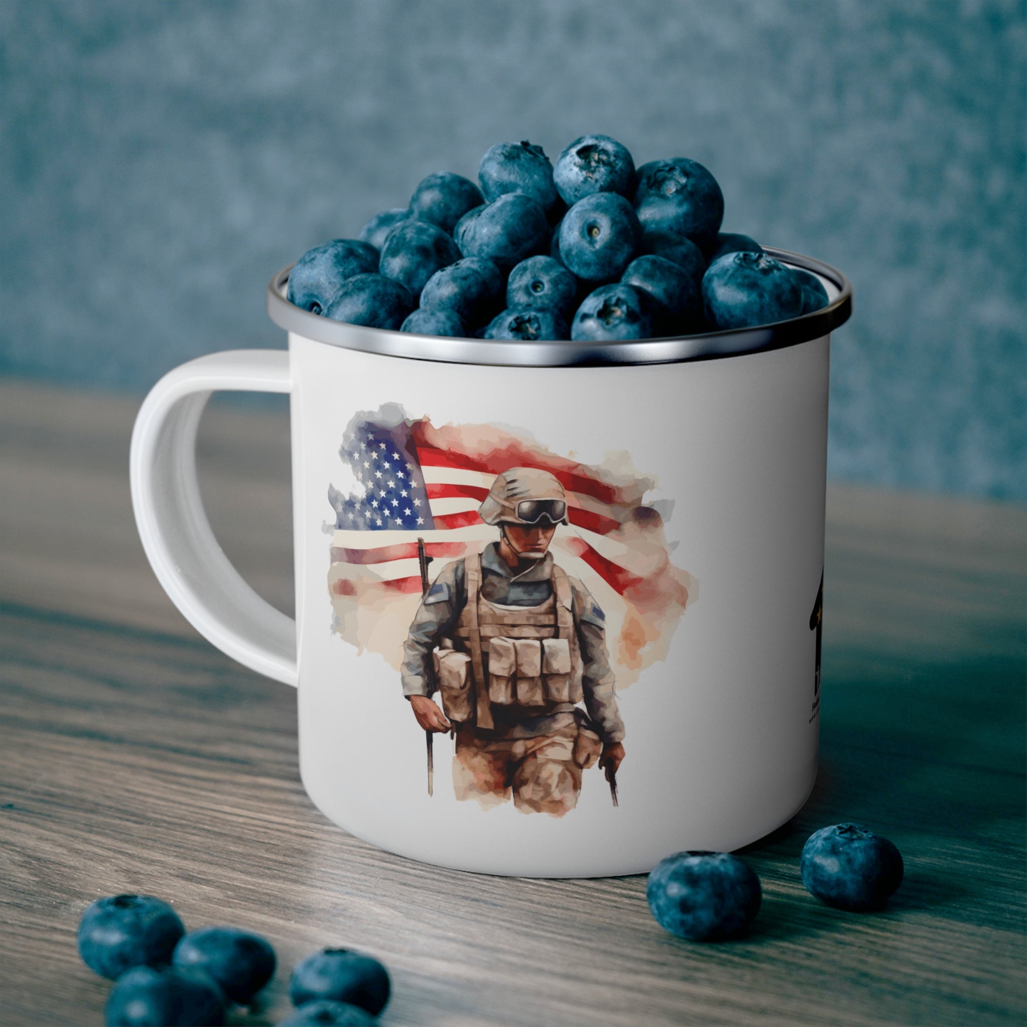 White Soldier & Flag Coffee Cup – Patriotic Warrior Enamel Cup