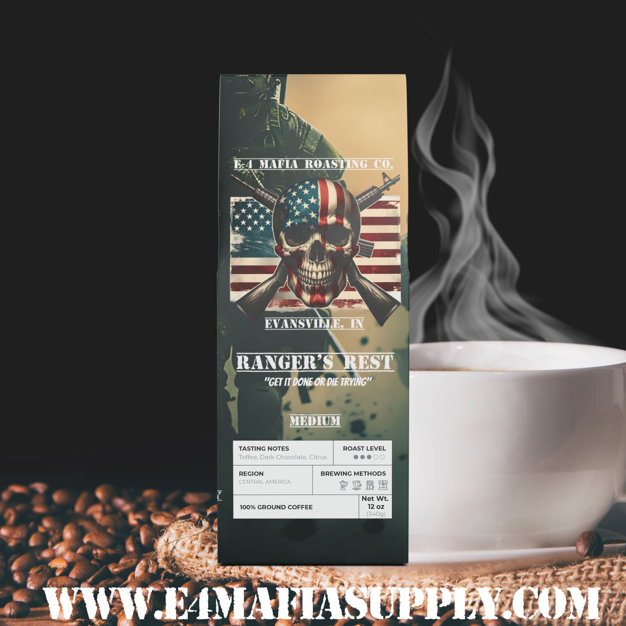 Ranger’s Rest – Patriotic Veteran Coffee Blend with American Flag and Skull Design