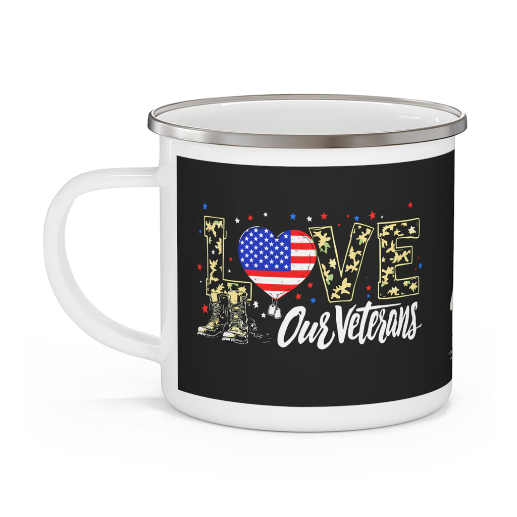 “Love Our Veterans” Enamel Mug with Camo Letters and American Flag Heart Design