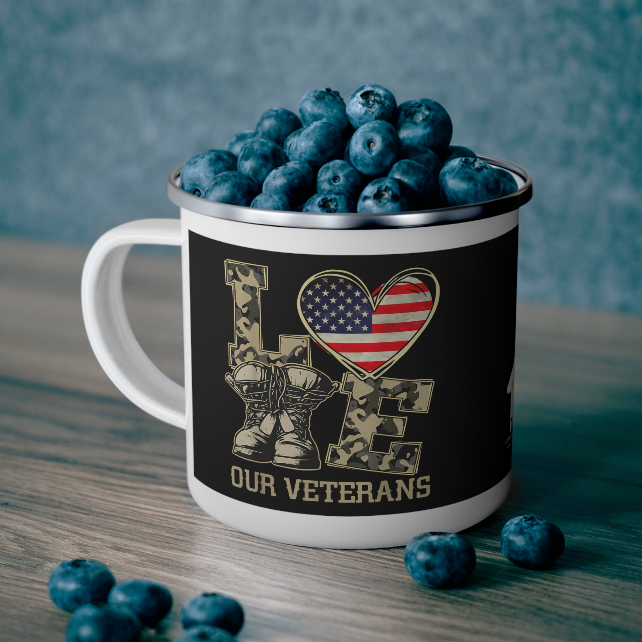 “Love Our Veterans” Enamel Mug with Camo Letters, American Flag Heart, and Combat Boots