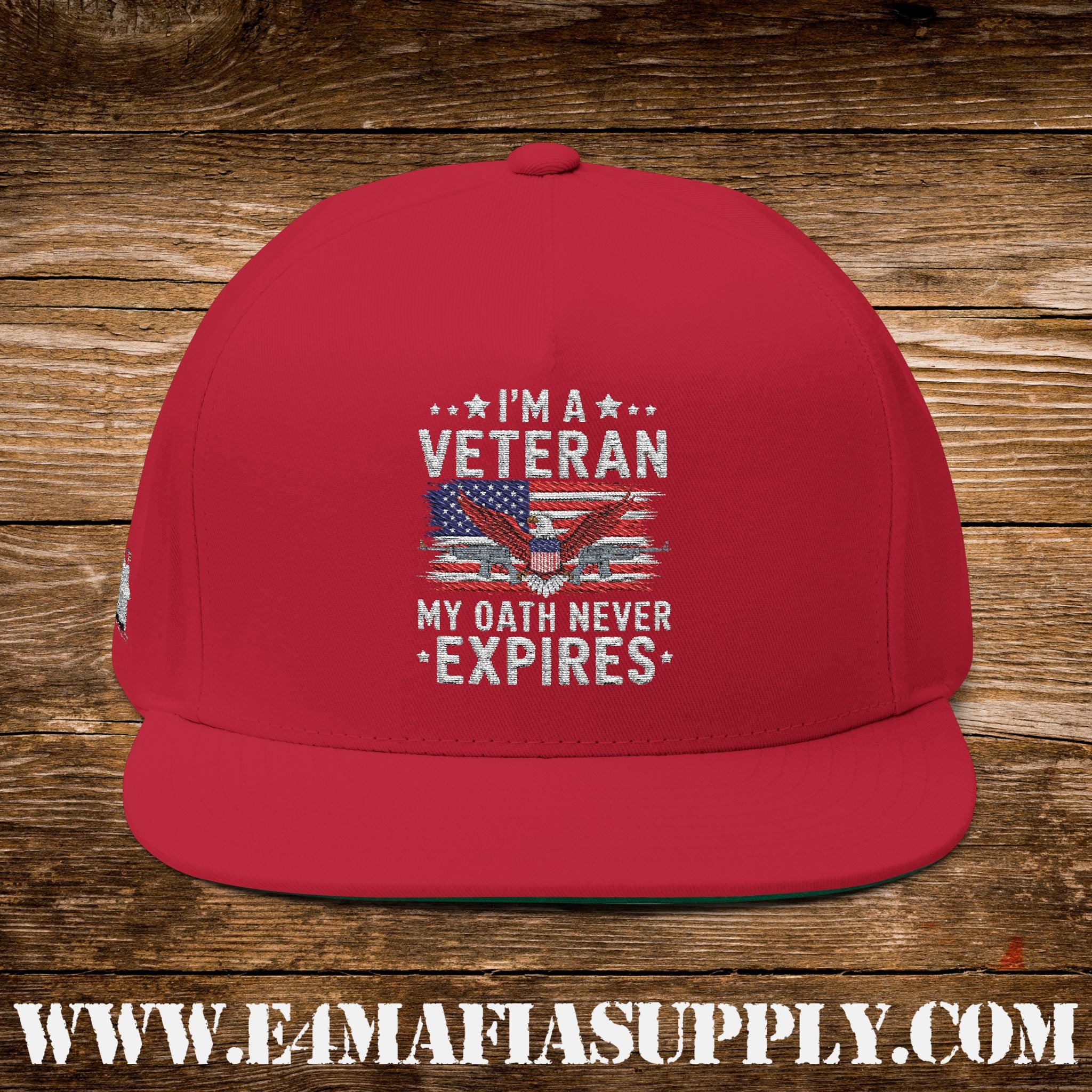 “I’m a Veteran – My Oath Never Expires” Patriotic Flat Bill Cap with American Flag