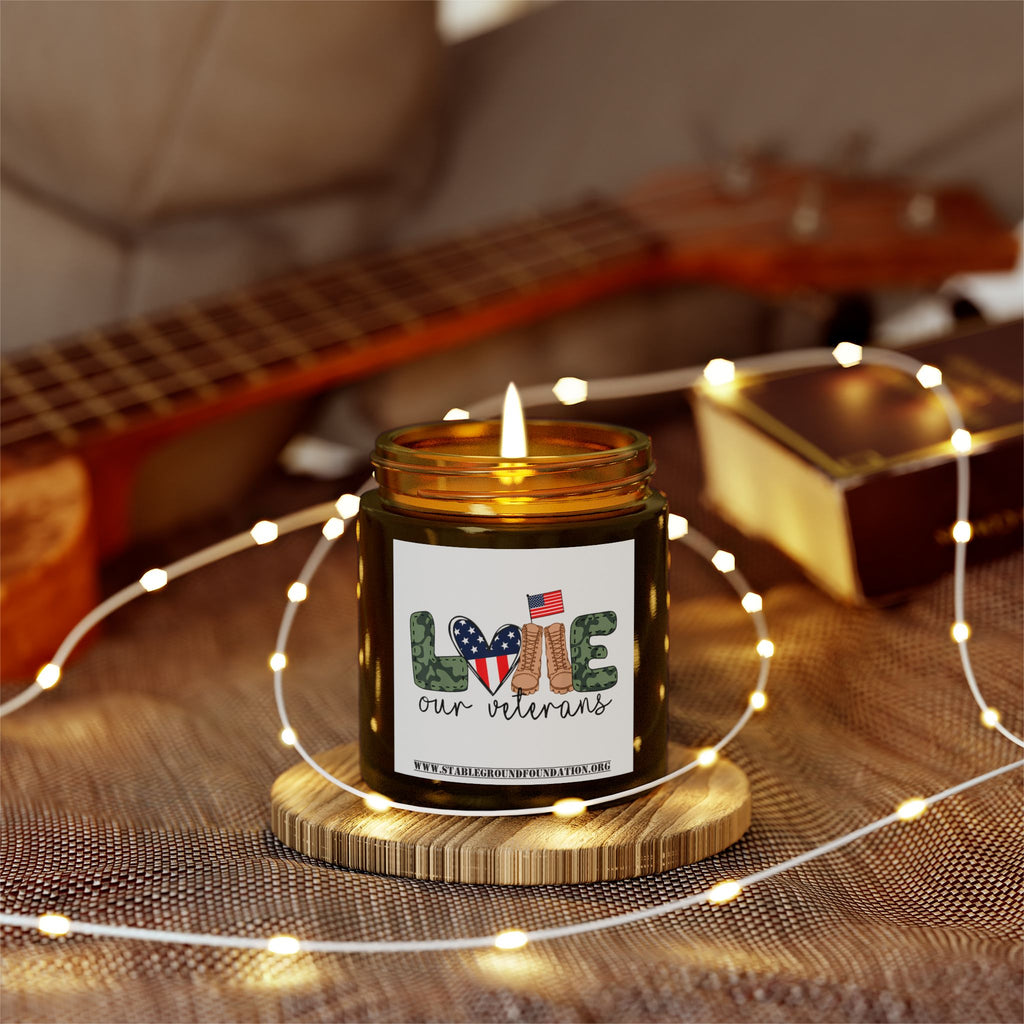 Love Our Veterans Candle – Patriotic Flag Heart and Camo Boots Tribute Candle