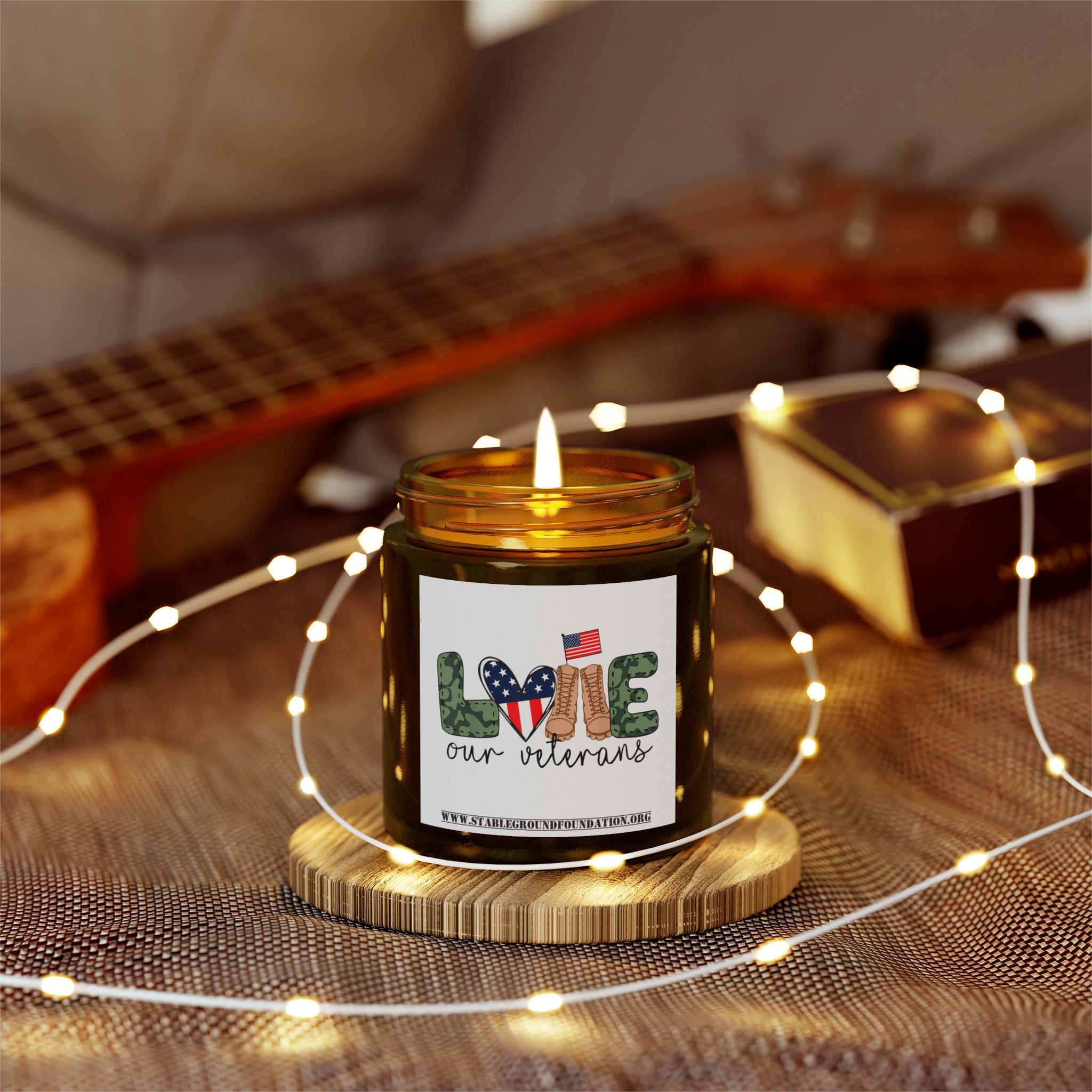 Love Our Veterans Candle – Patriotic Flag Heart and Camo Boots Tribute Candle