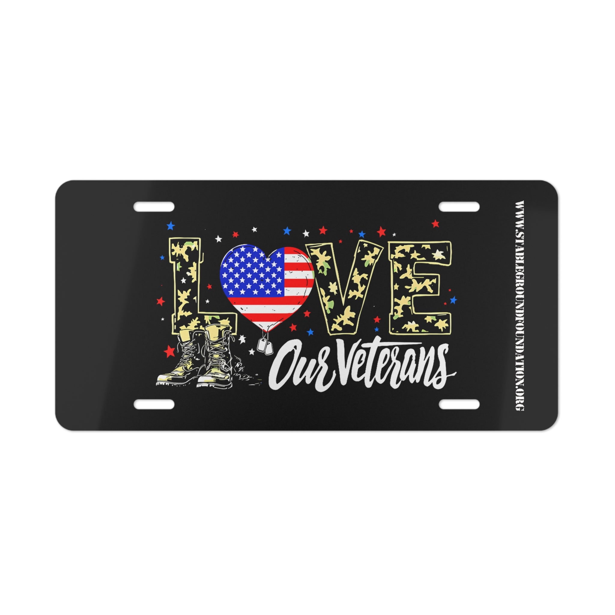 Love Our Veterans – Black Camo & Stars Patriotic License Plate