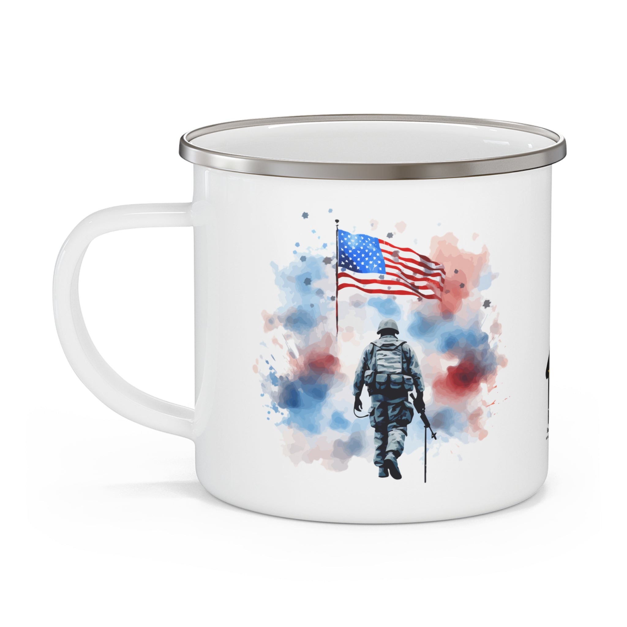 Watercolor Soldier Coffee Cup – Patriotic American Flag Tribute Enamel Cup