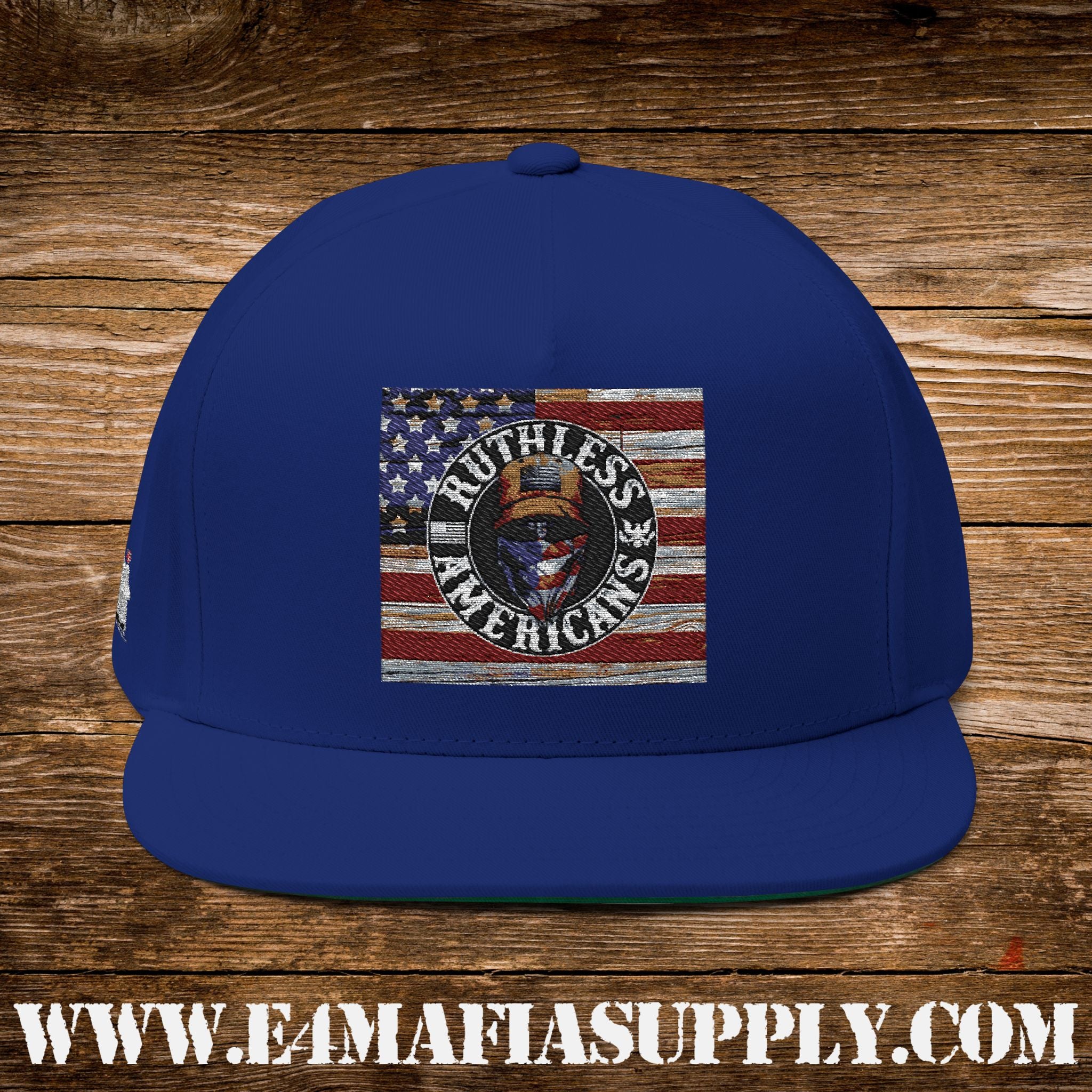 Patriotic “Ruthless Americans” Flat Bill Cap with Eagle and American Flag