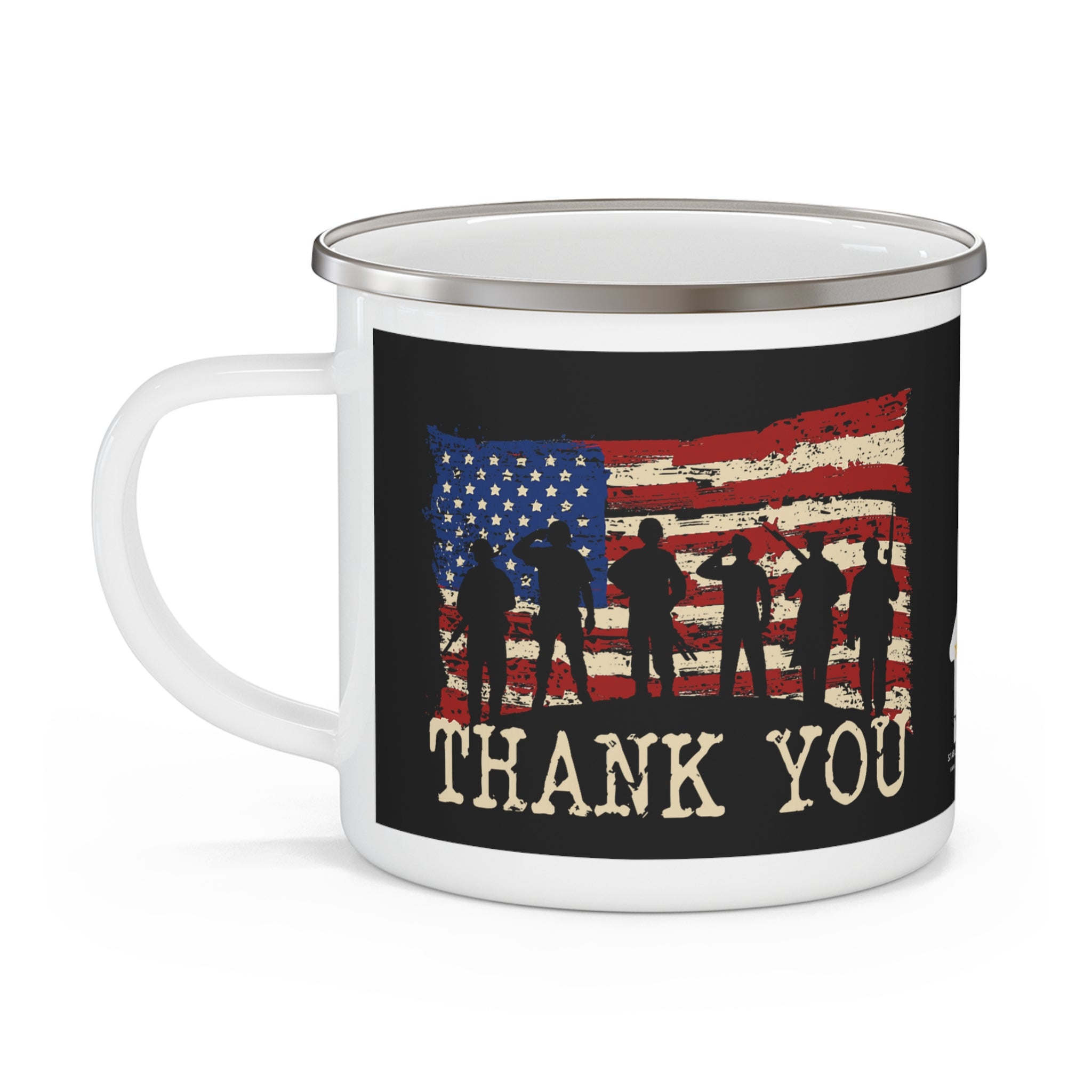 Thank You Veterans Coffee Cup – Patriotic Flag & Silhouette Enamel Cup