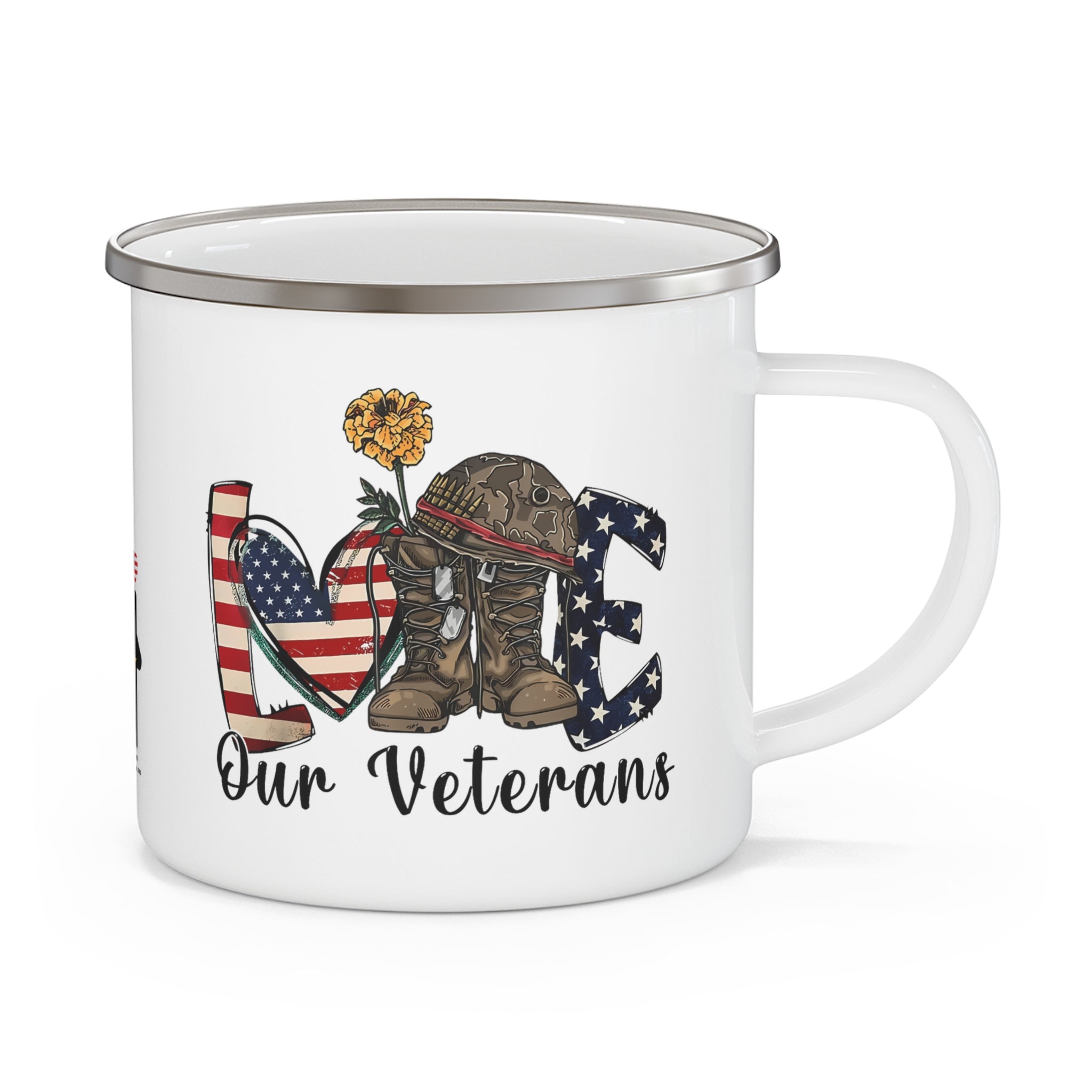 “Love Our Veterans” Enamel Mug with American Flag Heart, Helmet, Boots, and Yellow Flower