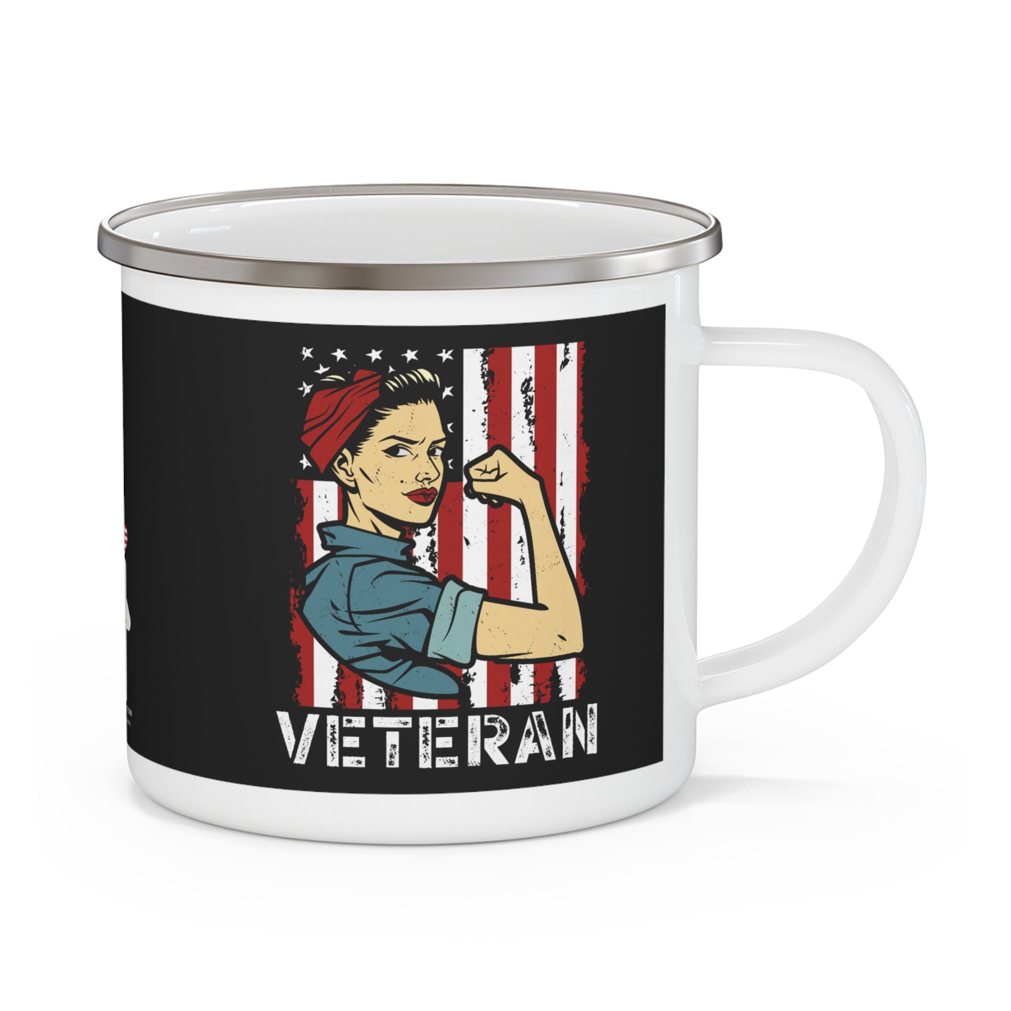 Female Veteran Enamel Mug – Rosie-Style American Flag Patriotic Coffee Cup