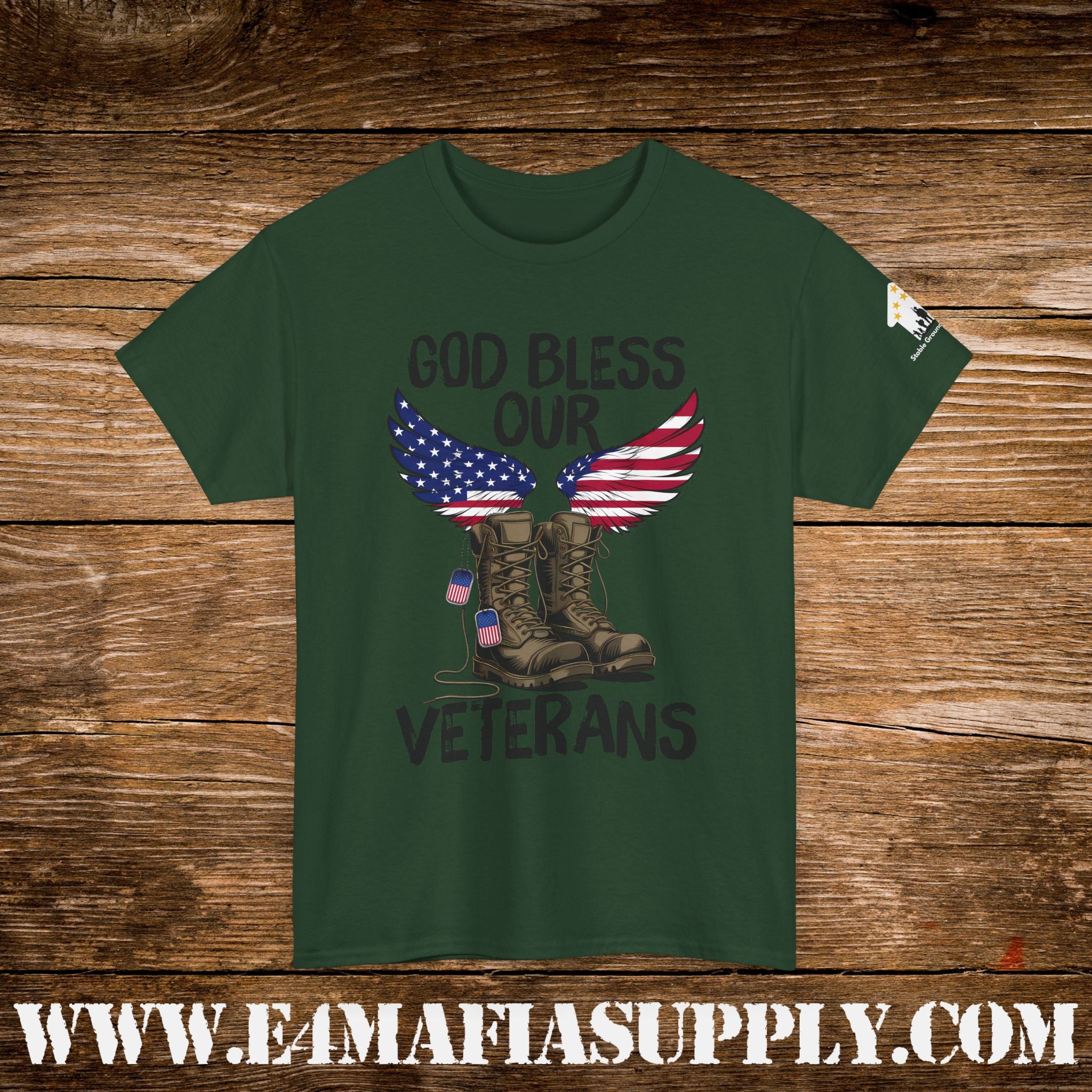 “God Bless Our Veterans” – Patriotic American Flag Boots & Wings T-Shirt