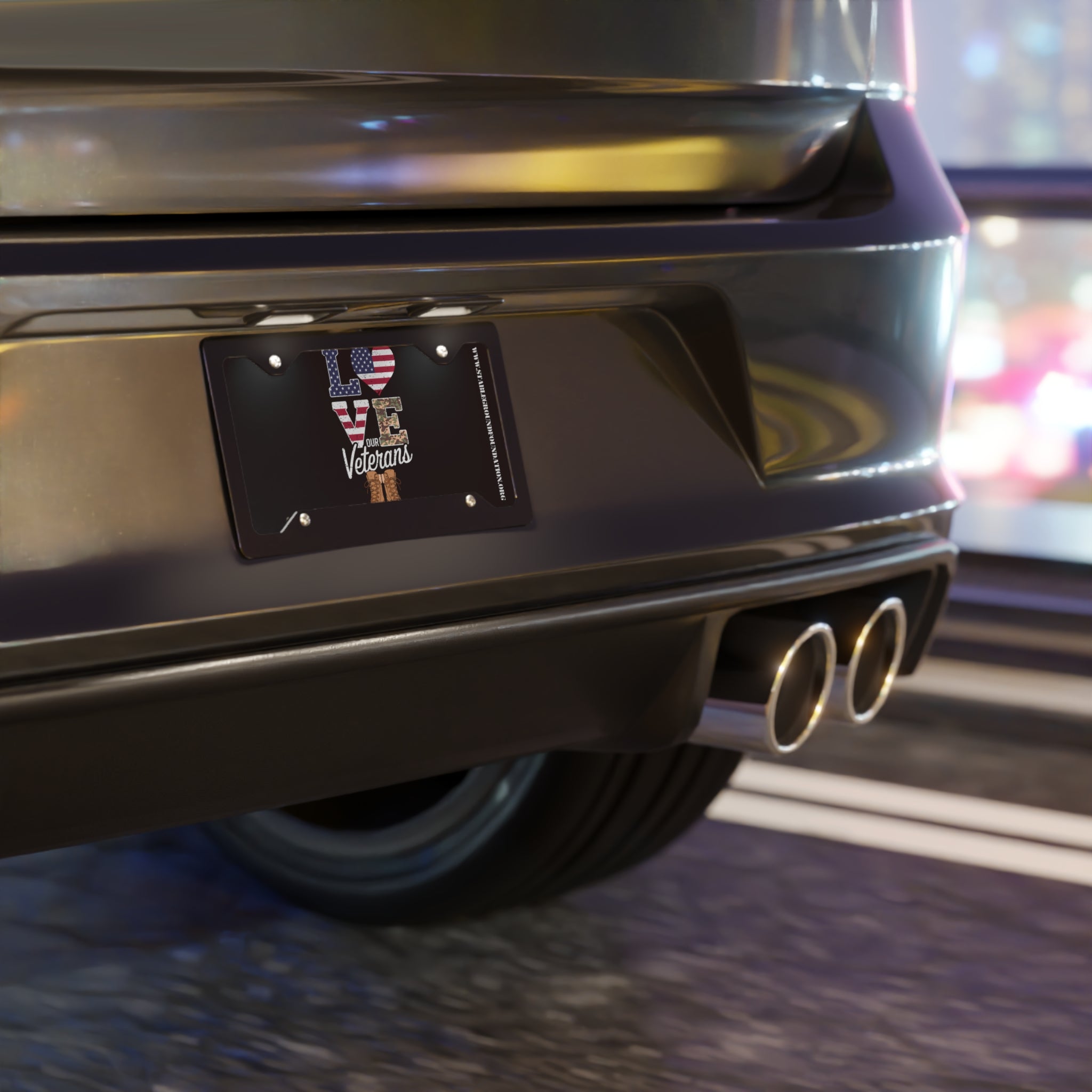 Love Our Veterans – Black License Plate with Combat Boots Tribute