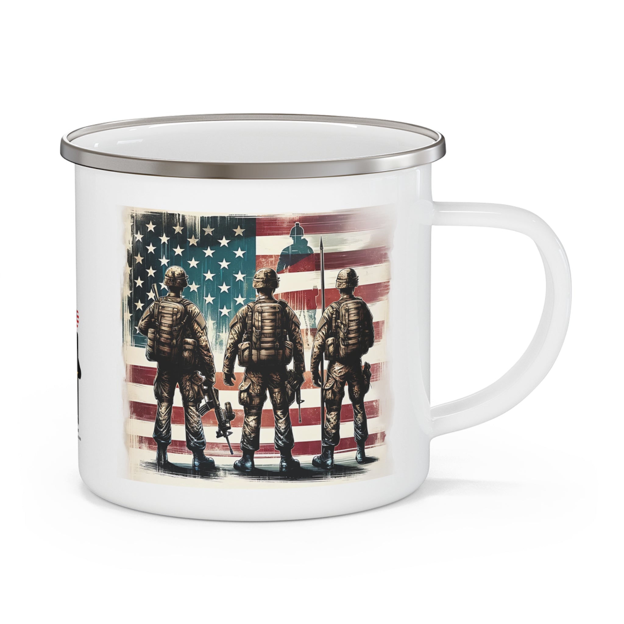 Three Soldiers Coffee Cup – American Flag Brotherhood Tribute Enamel Cup