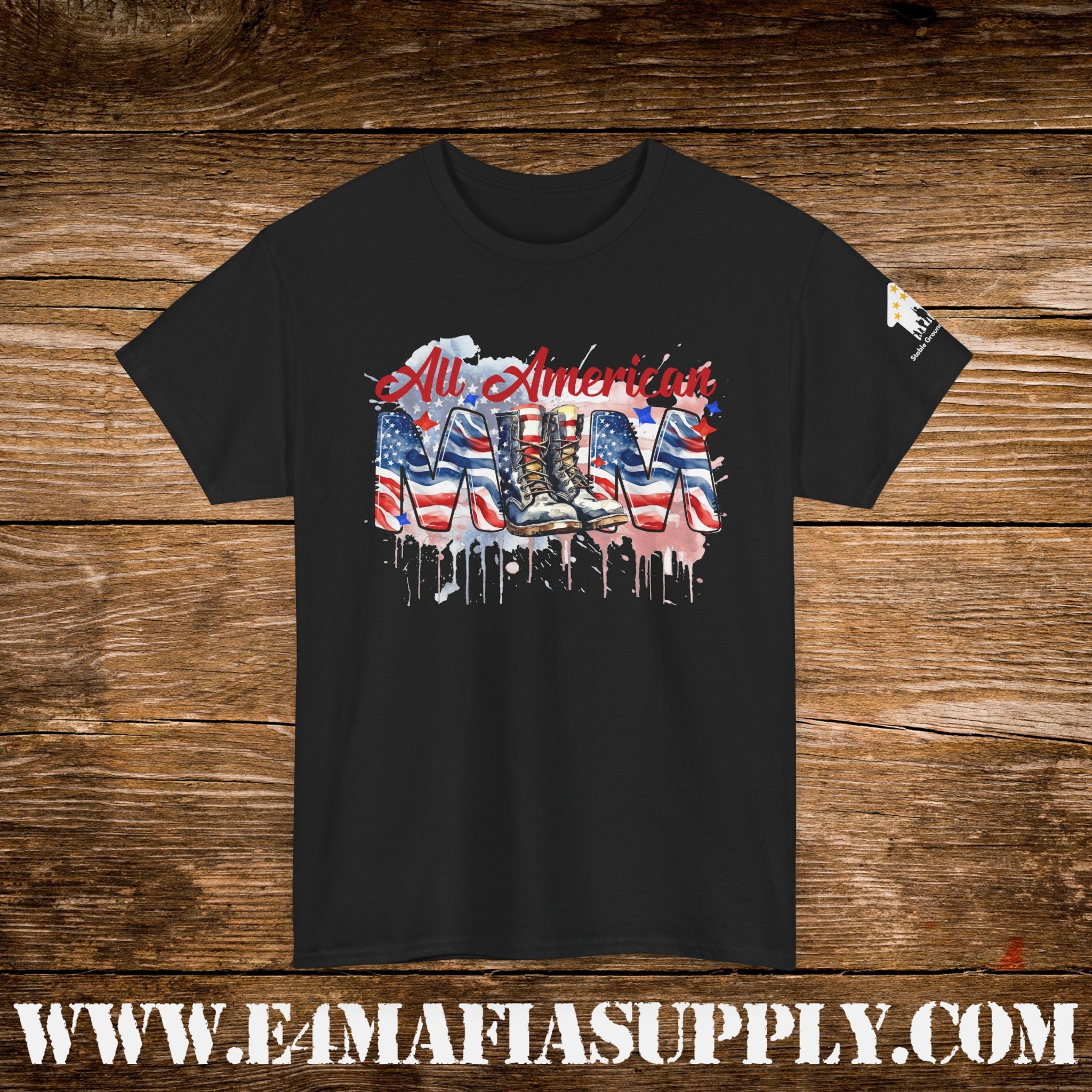 “All American Mom” – Patriotic Flag & Combat Boots T-Shirt