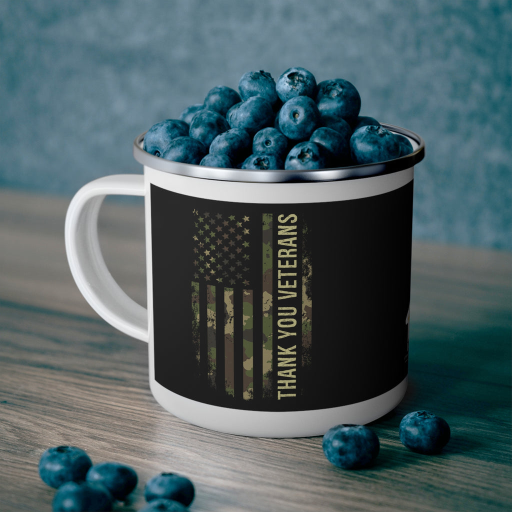 Thank You Veterans Enamel Mug – Camo American Flag Military Appreciation Coffee Cup