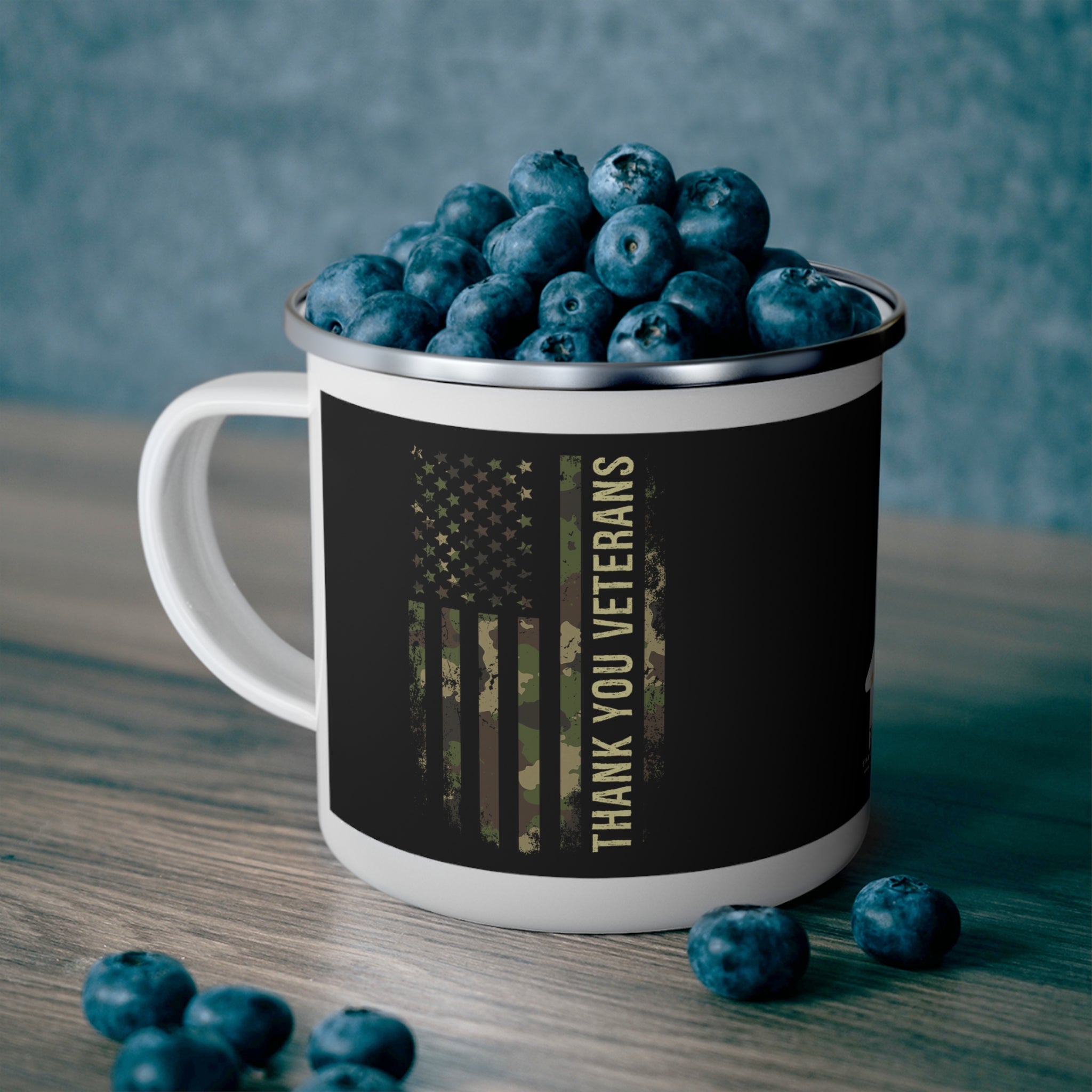 Thank You Veterans Enamel Mug – Camo American Flag Military Appreciation Coffee Cup
