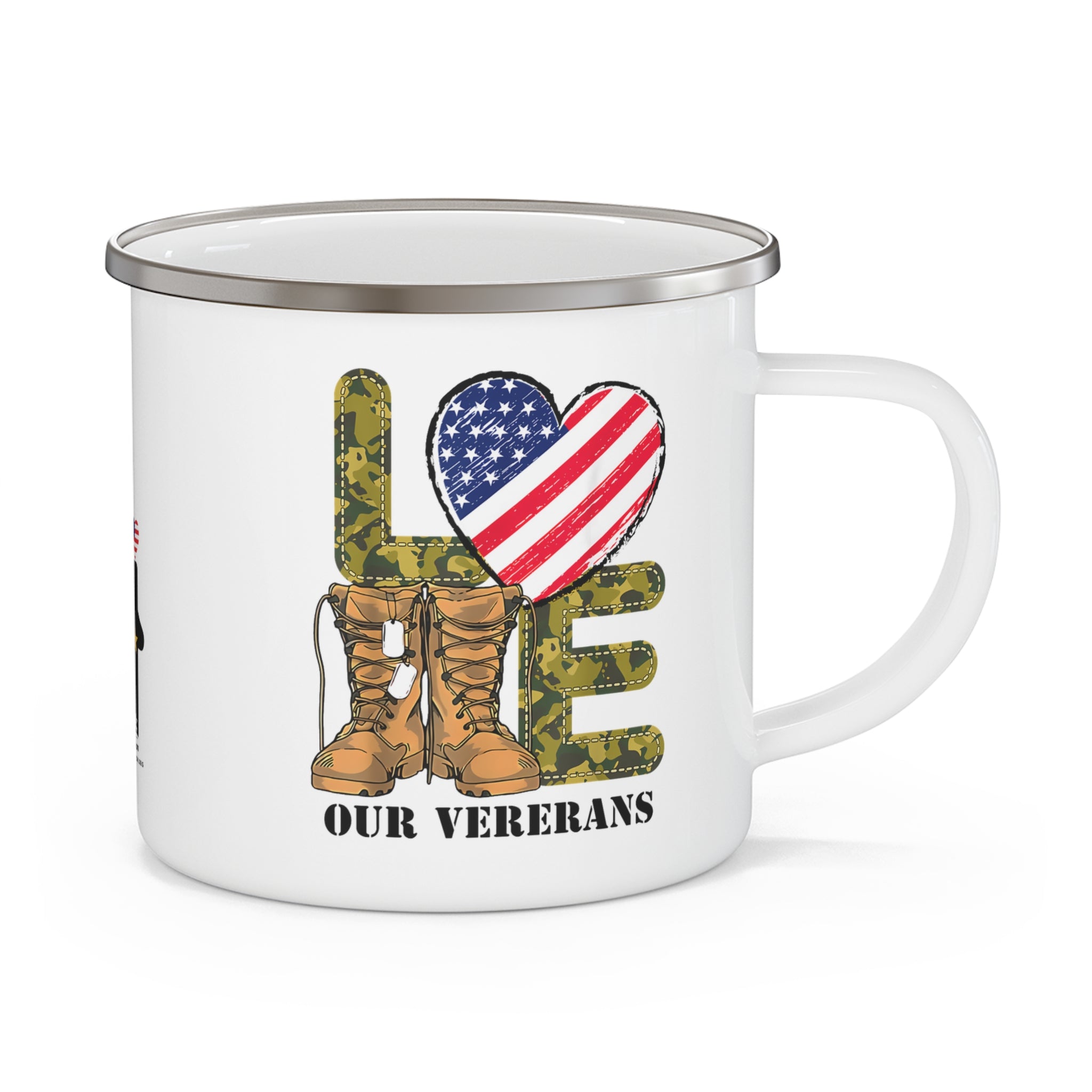 “Love Our Veterans” Enamel Mug with American Flag Heart and Combat Boots Design