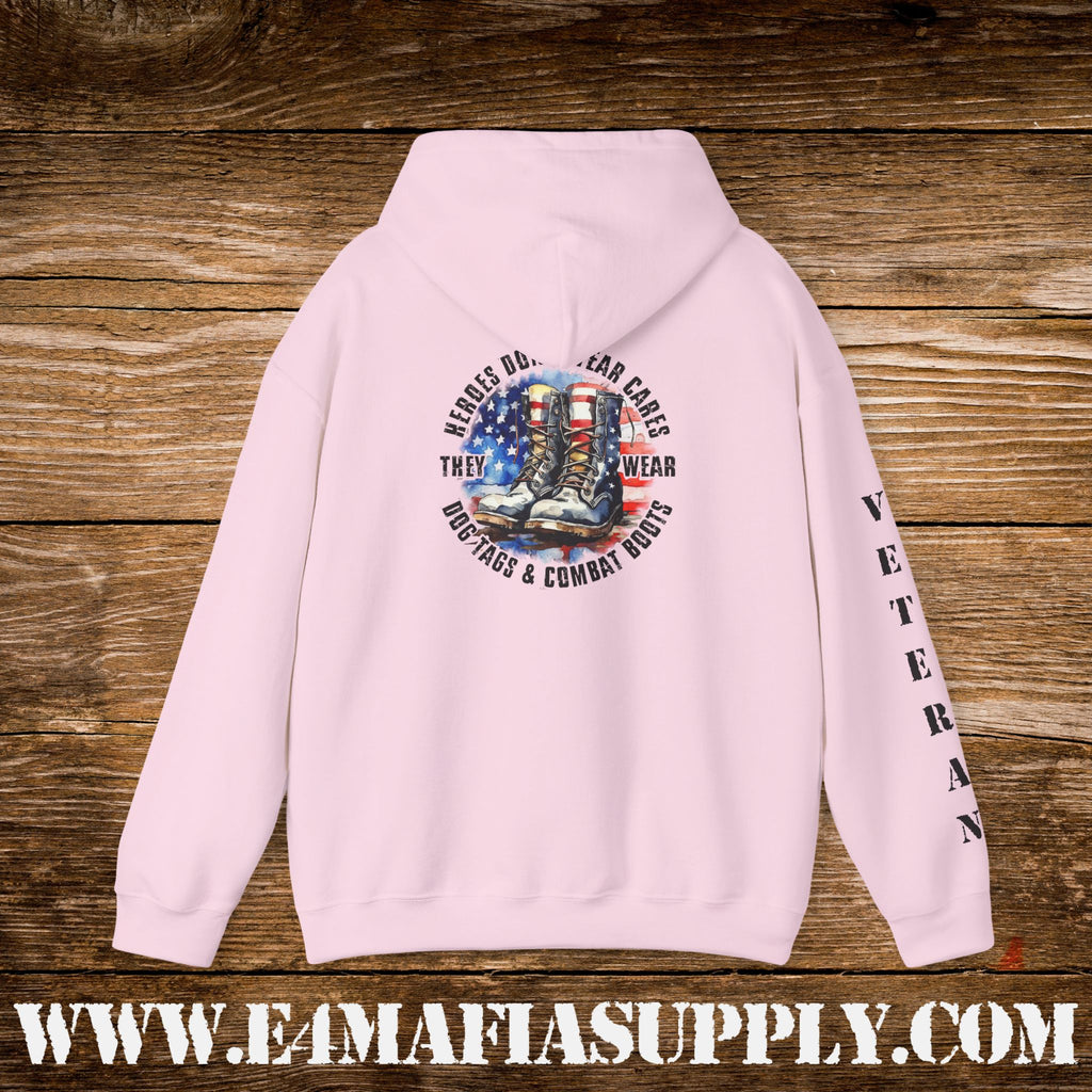 “Heroes Don’t Wear Capes – They Wear Dog Tags & Combat Boots” Patriotic Veteran Sleeve Hoodie