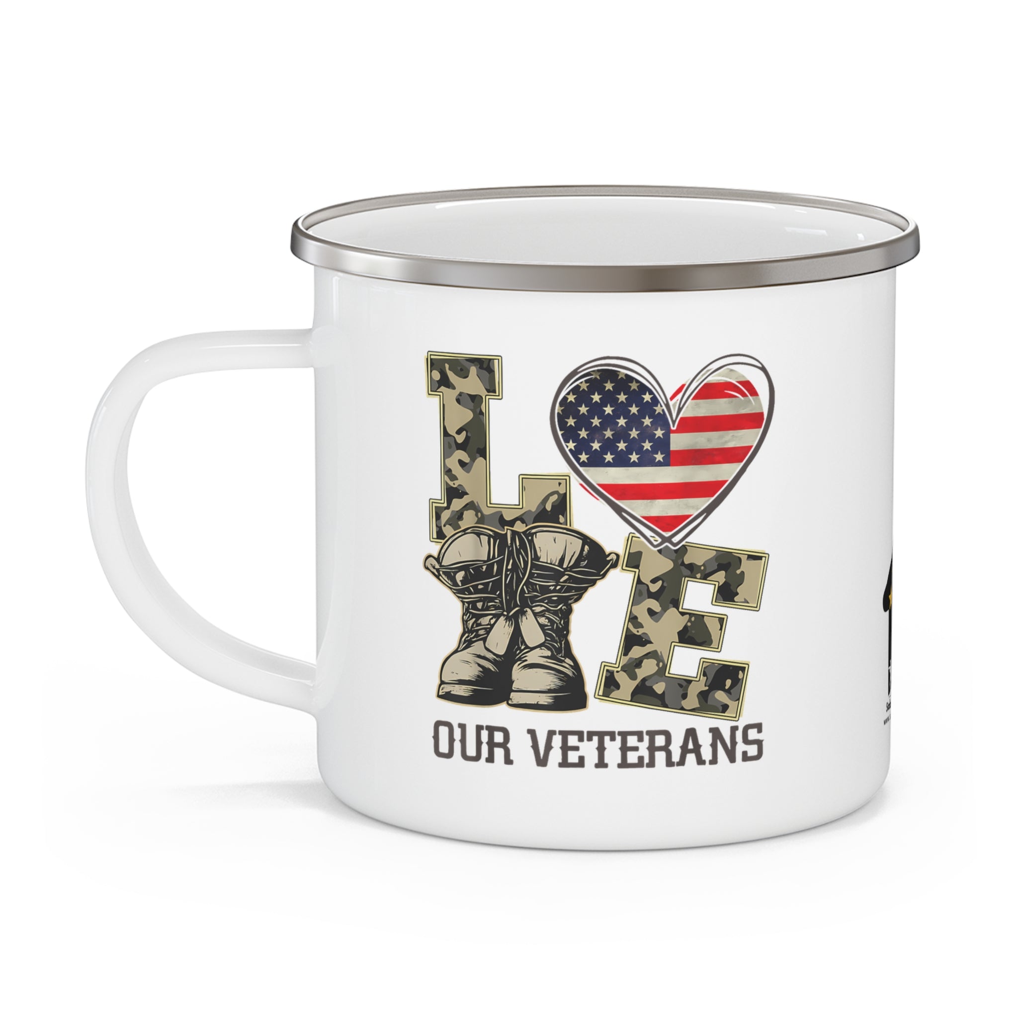 “Love Our Veterans” Enamel Mug with Camouflage Letters, Combat Boots, and American Flag Heart