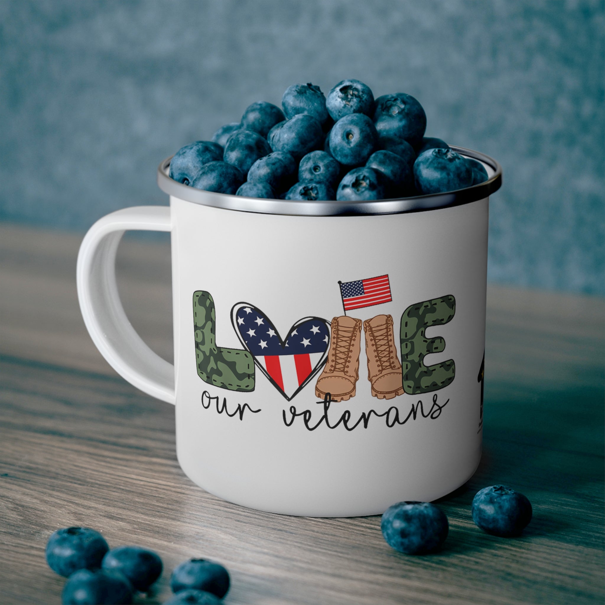 Love Our Veterans Coffee Cup – Patriotic Boots & Flag Design