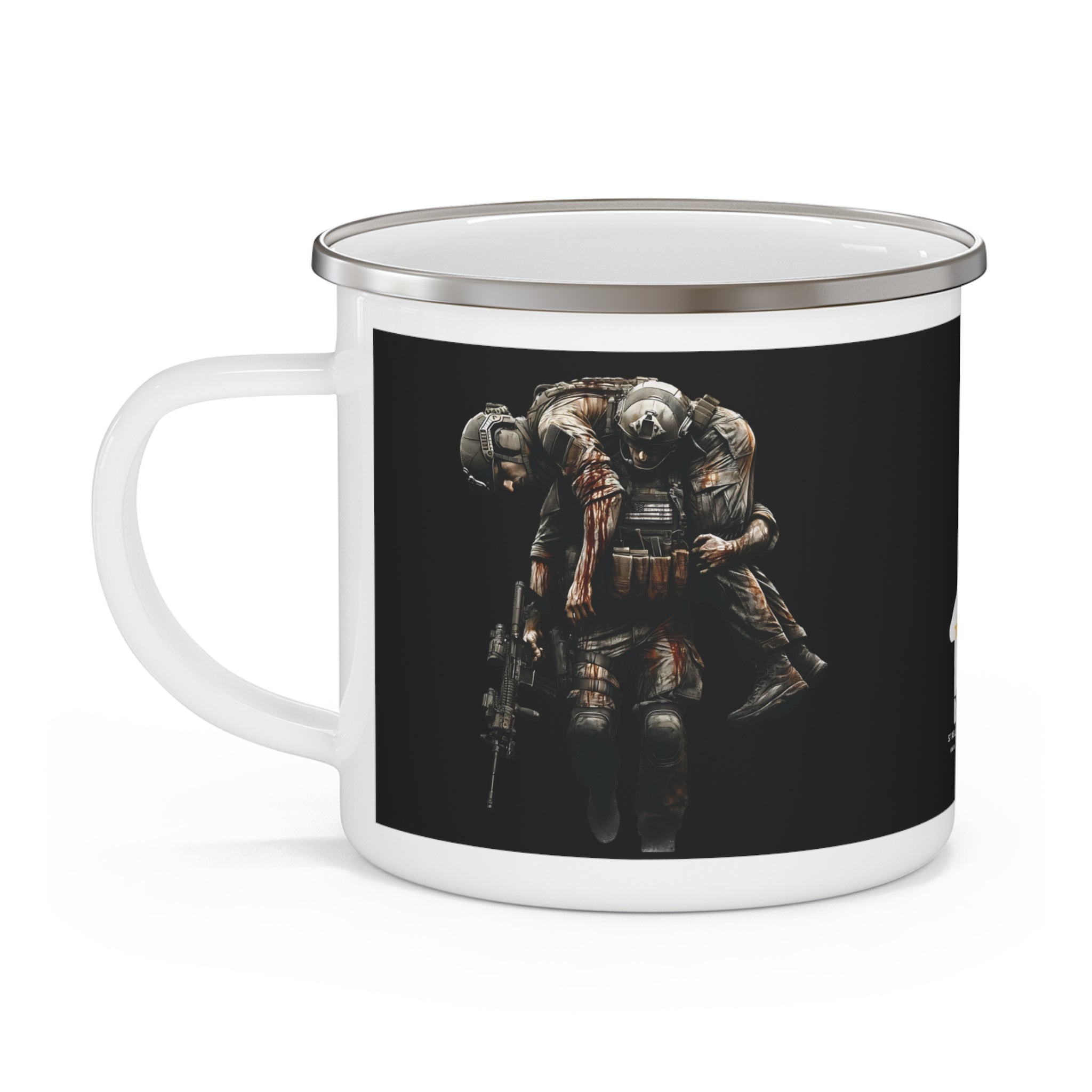 Fallen Brother Coffee Cup – Soldier Carrying Soldier Tribute Enamel Mug